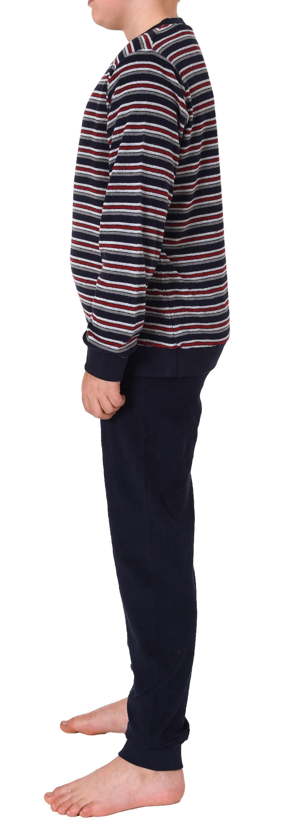 Jungen Frottee Schlafanzug Pyjama langarm mit Bündchen in Streifenoptik