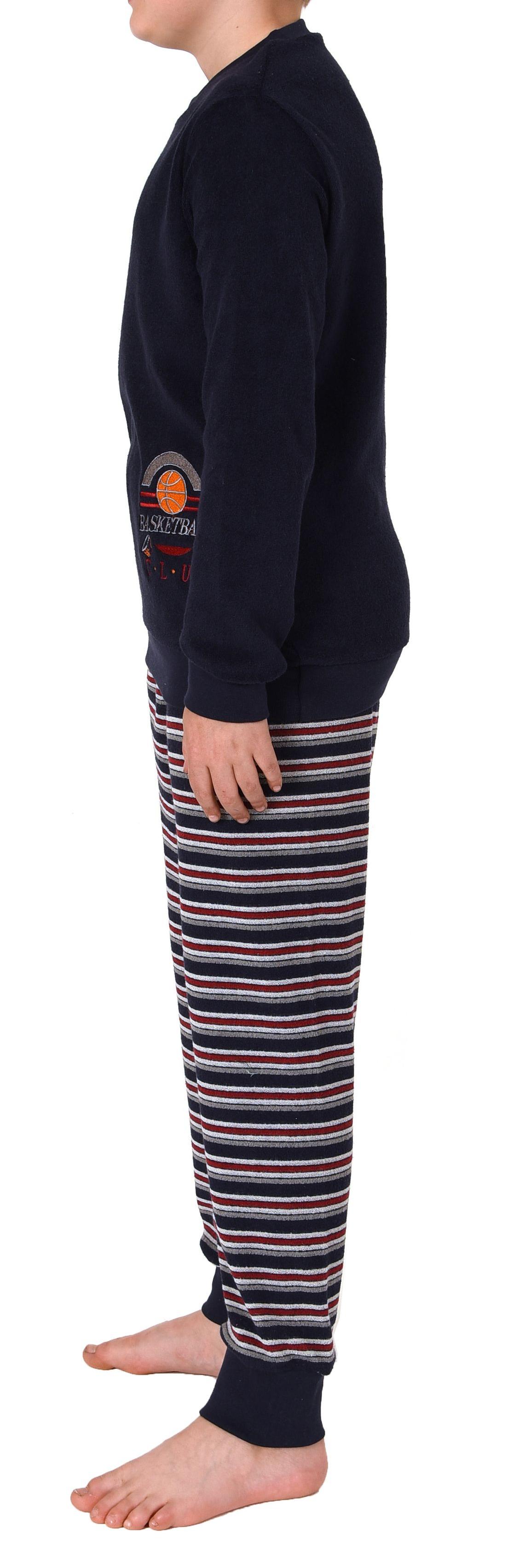 Jungen Frottee langarm Schlafanzug Pyjama mit Bündchen und Basketball-Motiv