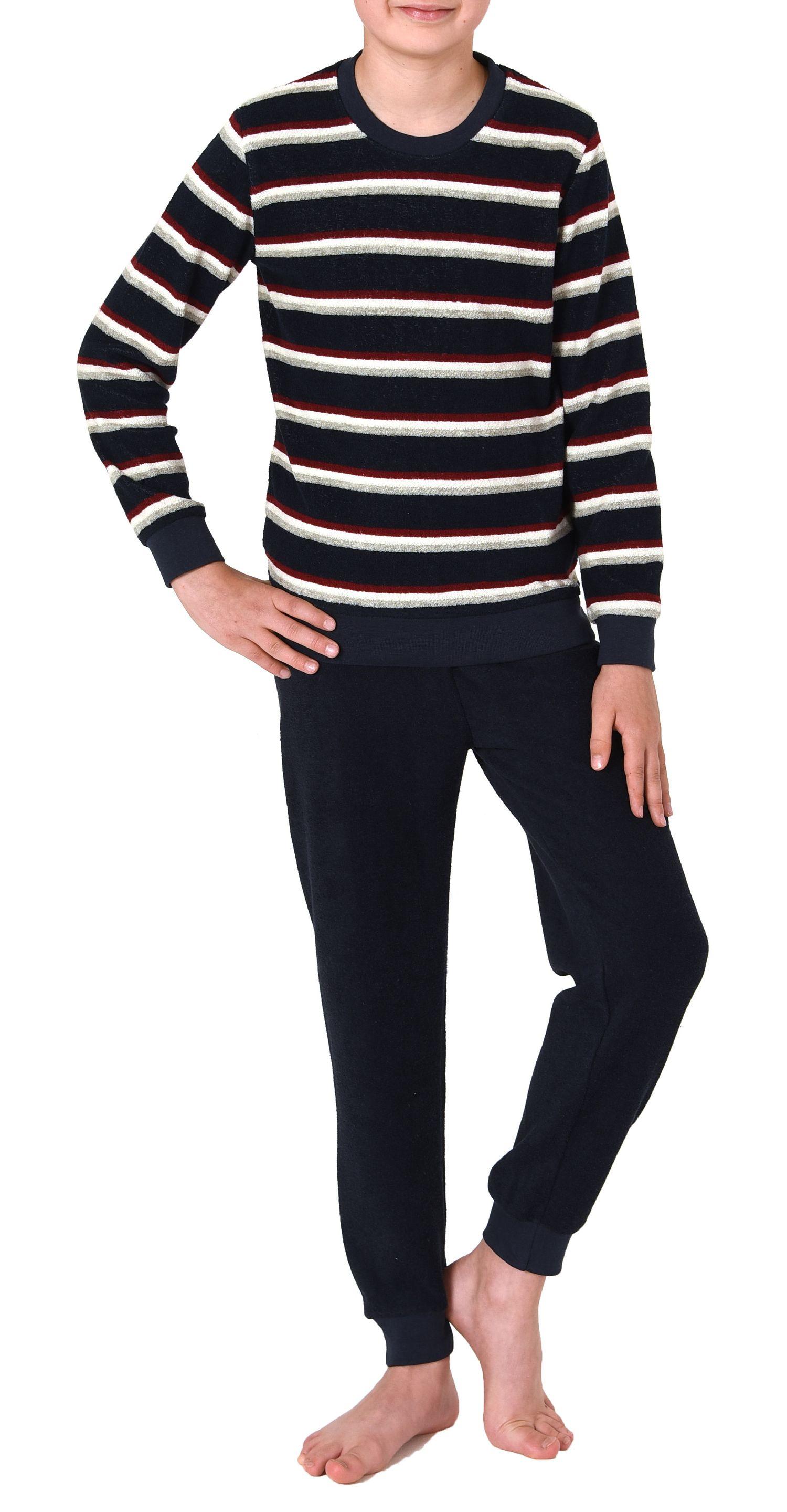 Jungen langarm Frottee Schlafanzug Pyjama mit Bündchen in Streifenoptik