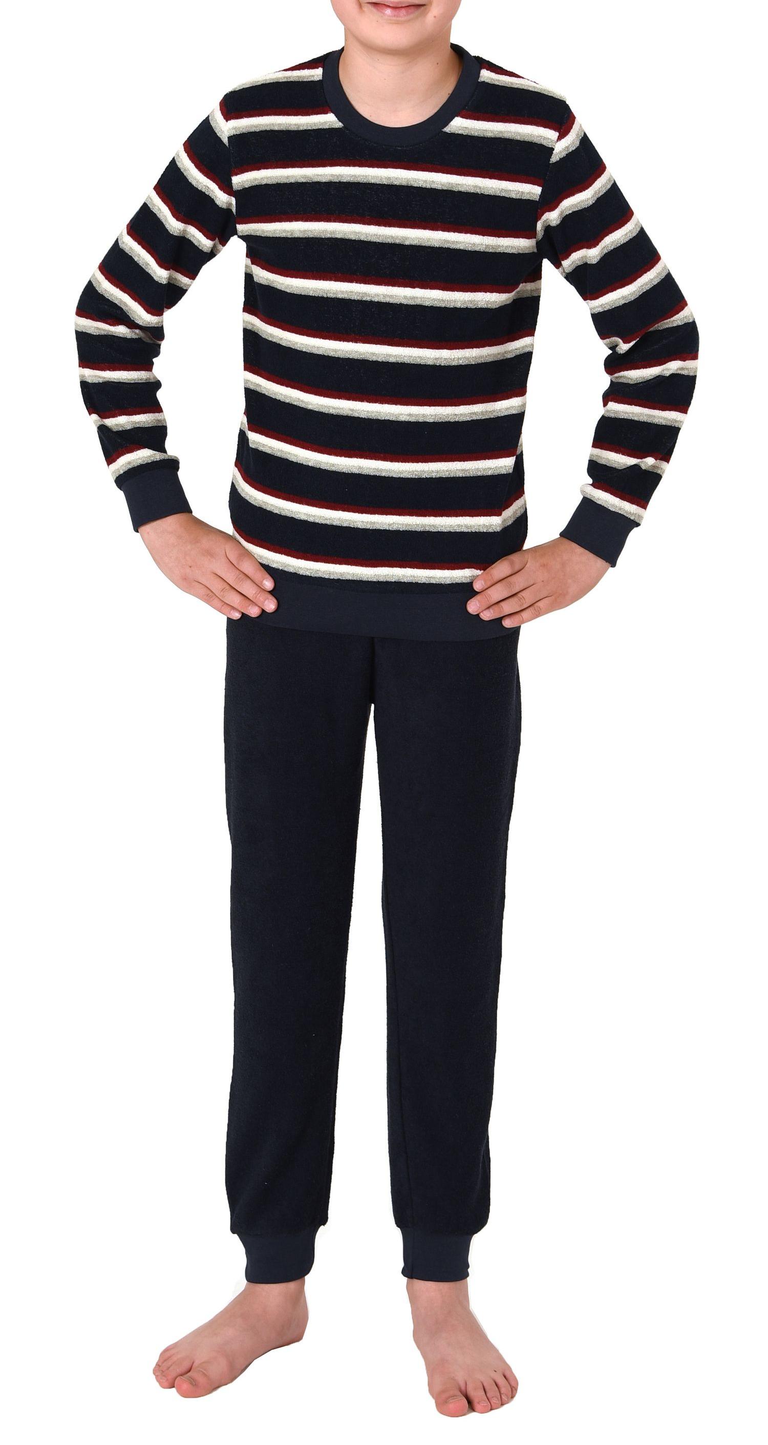 Jungen langarm Frottee Schlafanzug Pyjama mit Bündchen in Streifenoptik