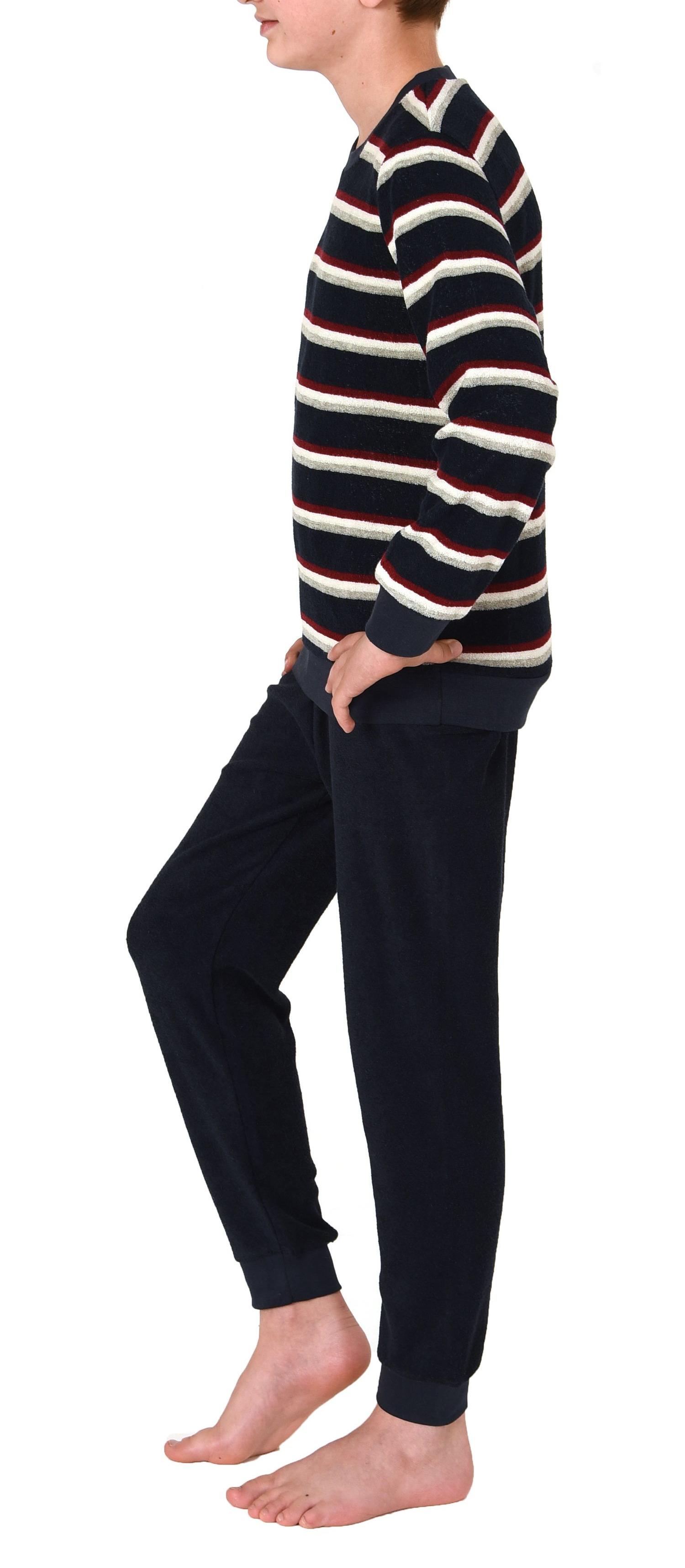 Jungen langarm Frottee Schlafanzug Pyjama mit Bündchen in Streifenoptik
