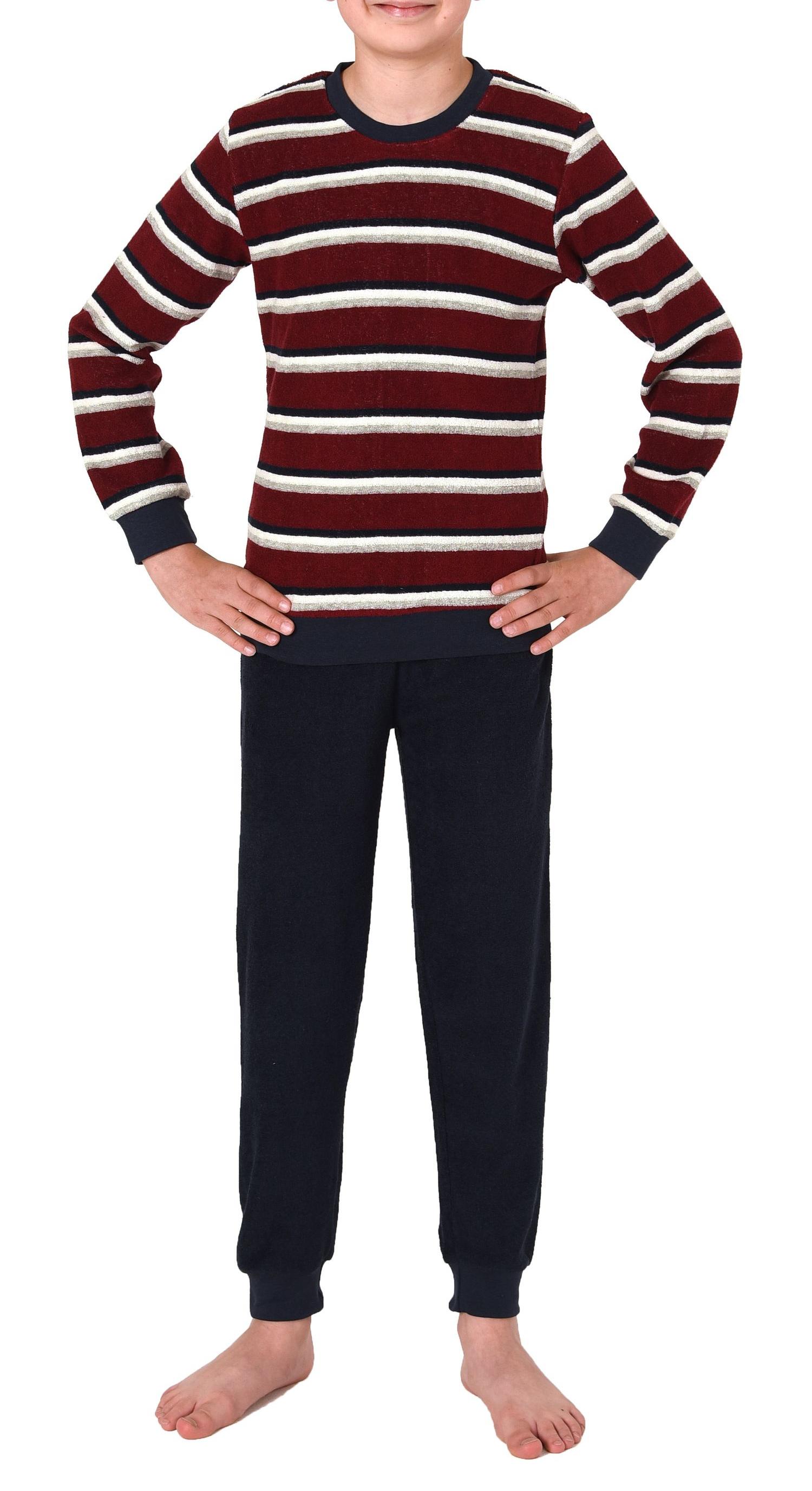 Jungen langarm Frottee Schlafanzug Pyjama mit Bündchen in Streifenoptik