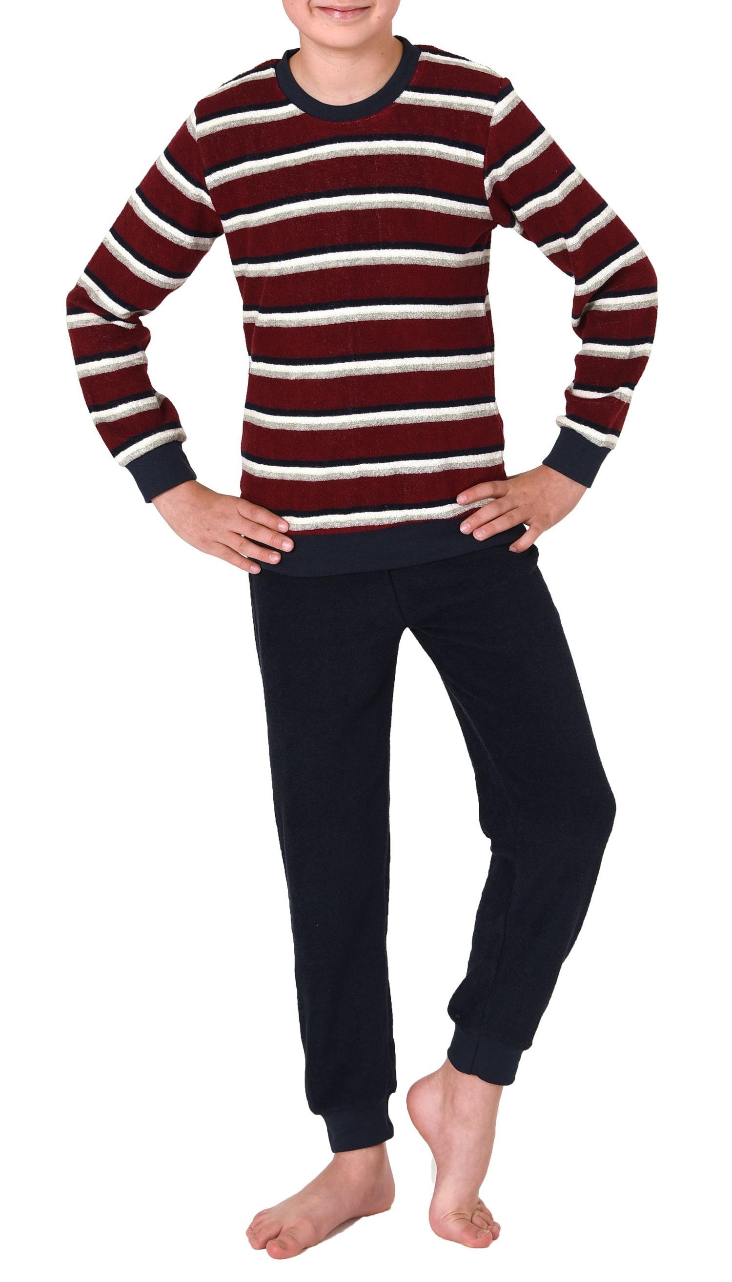 Jungen langarm Frottee Schlafanzug Pyjama mit Bündchen in Streifenoptik