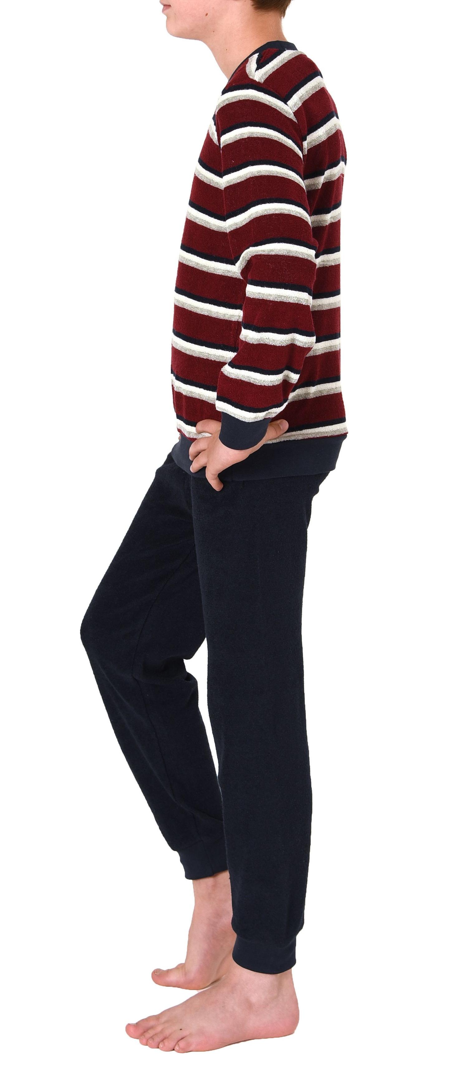 Jungen langarm Frottee Schlafanzug Pyjama mit Bündchen in Streifenoptik