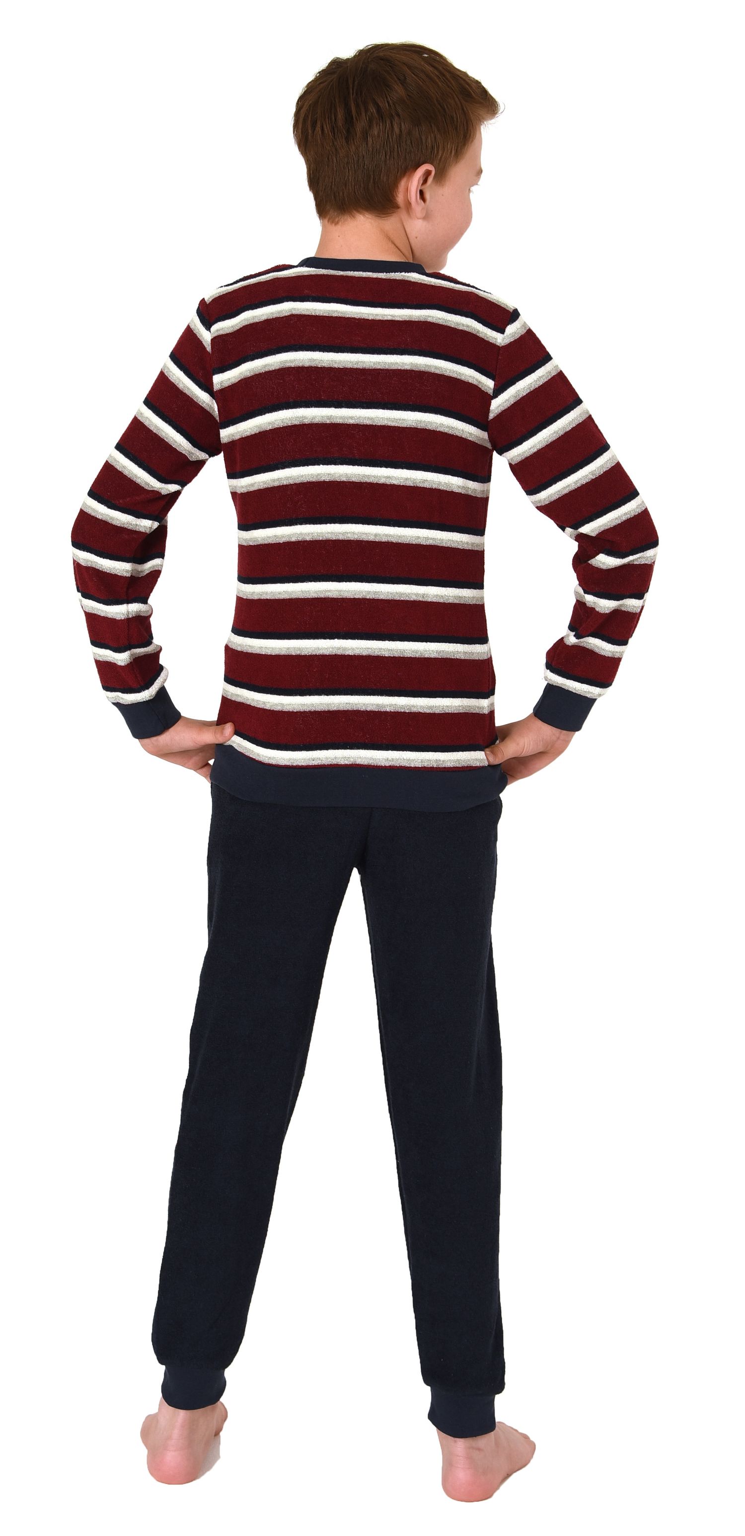 Jungen langarm Frottee Schlafanzug Pyjama mit Bündchen in Streifenoptik