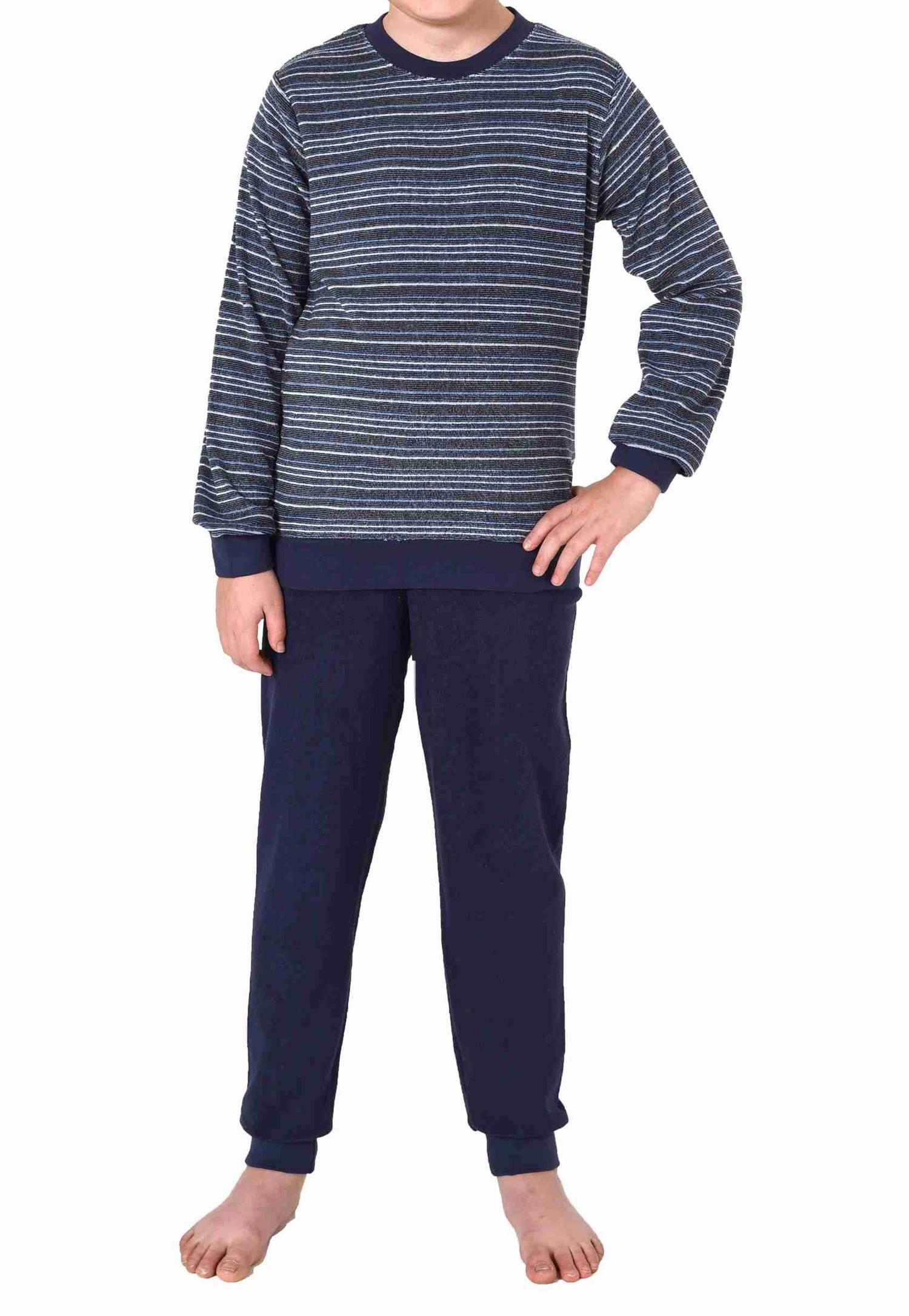 Jungen langarm Frottee Schlafanzug Pyjama mit Bündchen in Streifenoptik