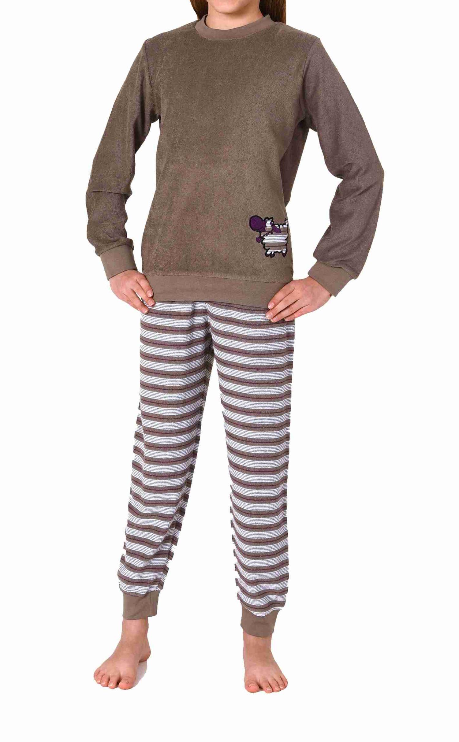 Kuscheliger Mädchen langarm Frottee Schlafanzug Pyjama mit Bündchen und süssen Tiermotiv