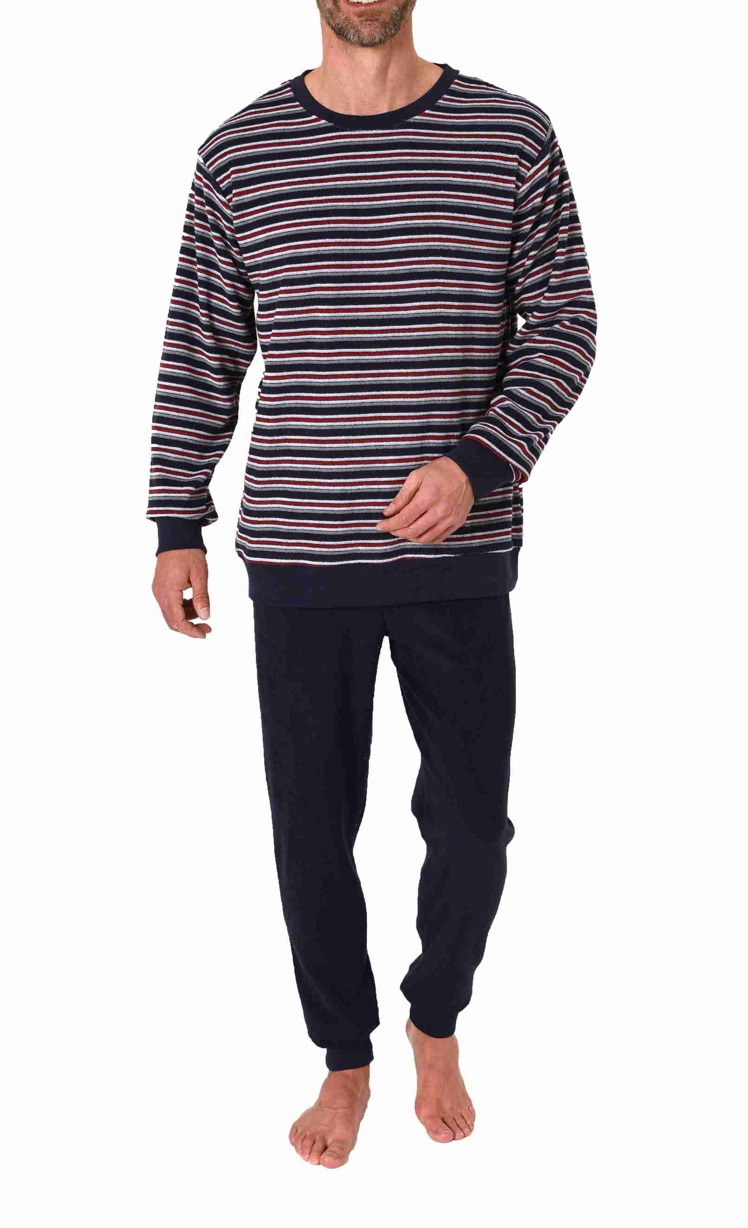 Herren Frottee Schlafanzug langarm mit Bündchen in gestreifter Optik - auch in Übergrößen