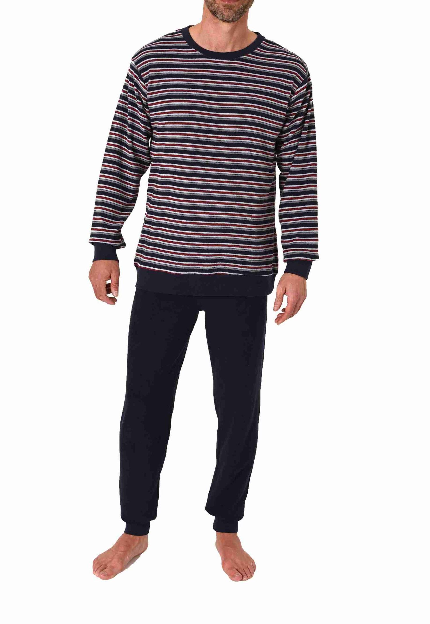Herren Frottee Schlafanzug langarm mit Bündchen in gestreifter Optik - auch in Übergrößen