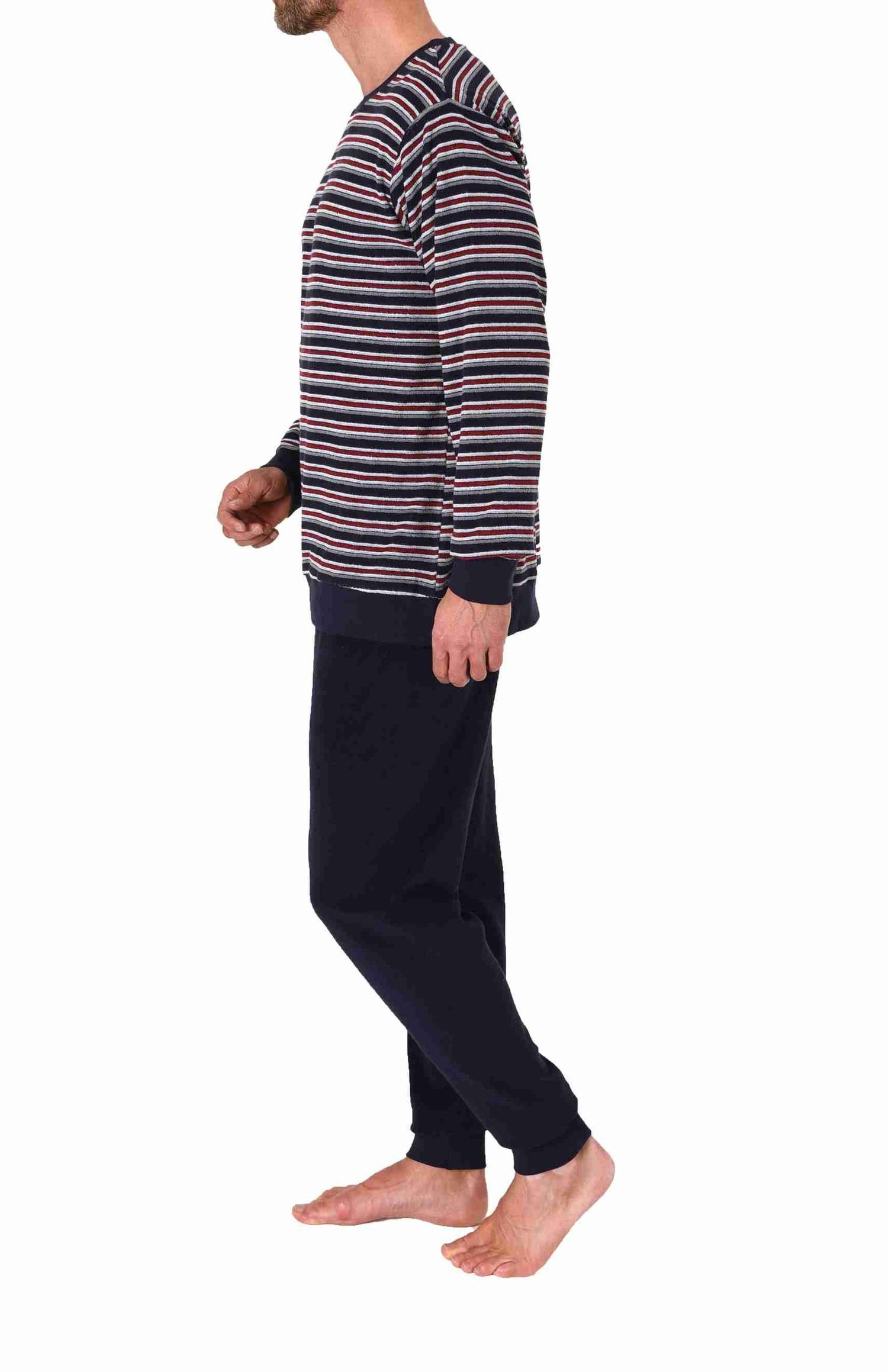 Herren Frottee Schlafanzug langarm mit Bündchen in gestreifter Optik - auch in Übergrößen