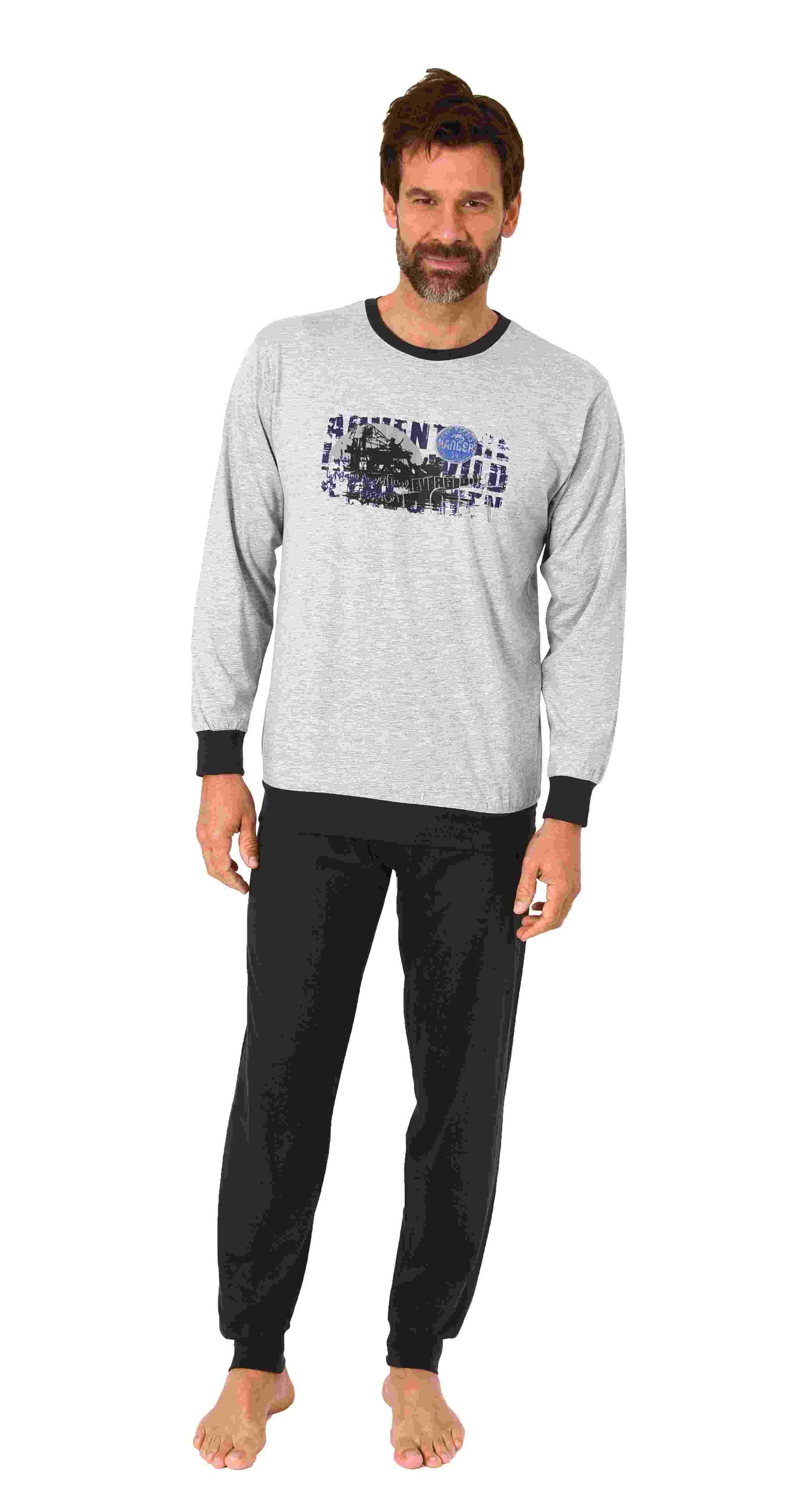 Herren langarm Schlafanzug mit Bündchen Pyjama in grau und mit Frontprint Herren langarm Schlafanzug mit Bündchen Pyjama in tollen Farben und mit Frontprint