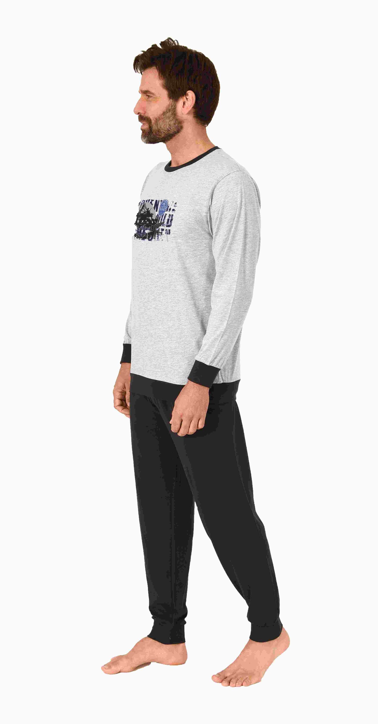 Herren langarm Schlafanzug mit Bündchen Pyjama in grau und mit Frontprint Herren langarm Schlafanzug mit Bündchen Pyjama in tollen Farben und mit Frontprint