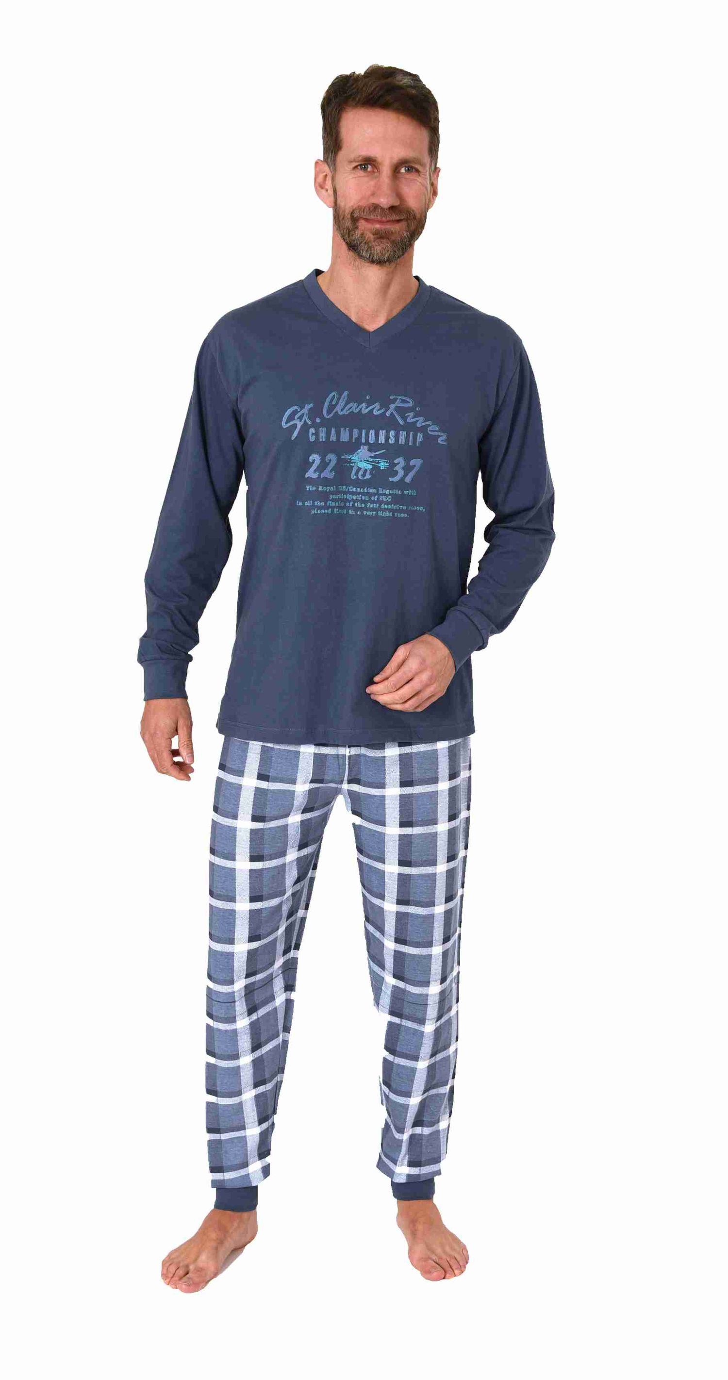 Herren langarm Schlafanzug Pyjama mit Bündchen und karierter Jersey Hose