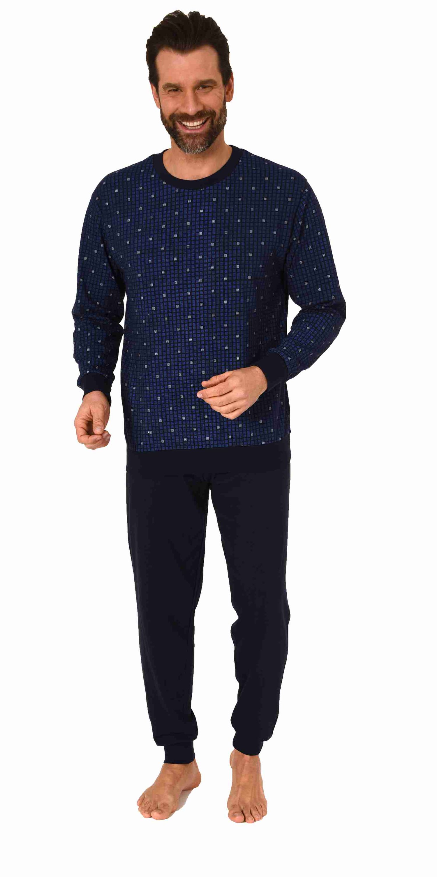 Herren langarm Schlafanzug mit Bündchen Pyjama in eleganter Minimalprint-Optik