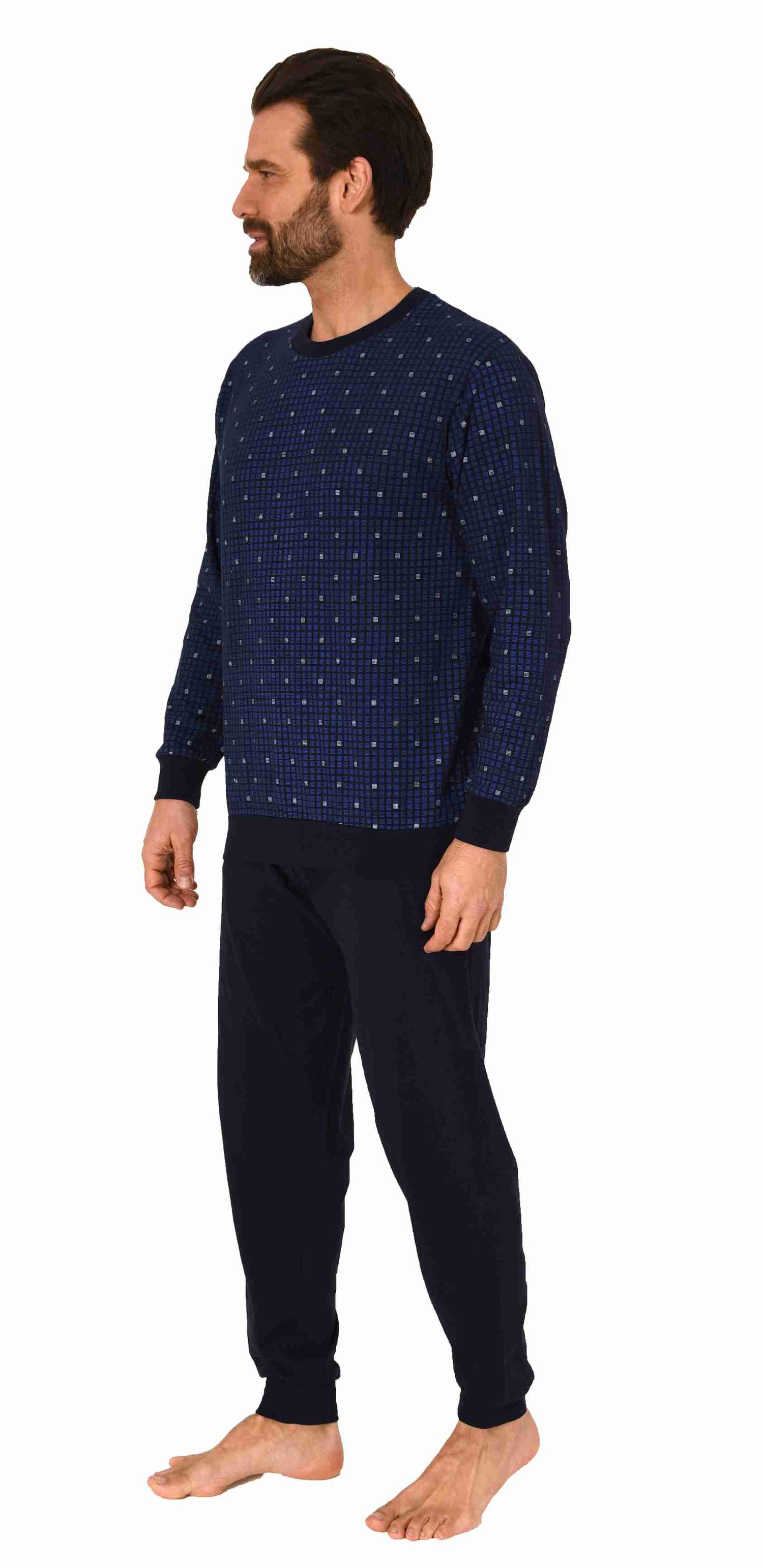 Herren langarm Schlafanzug mit Bündchen Pyjama in eleganter Minimalprint-Optik