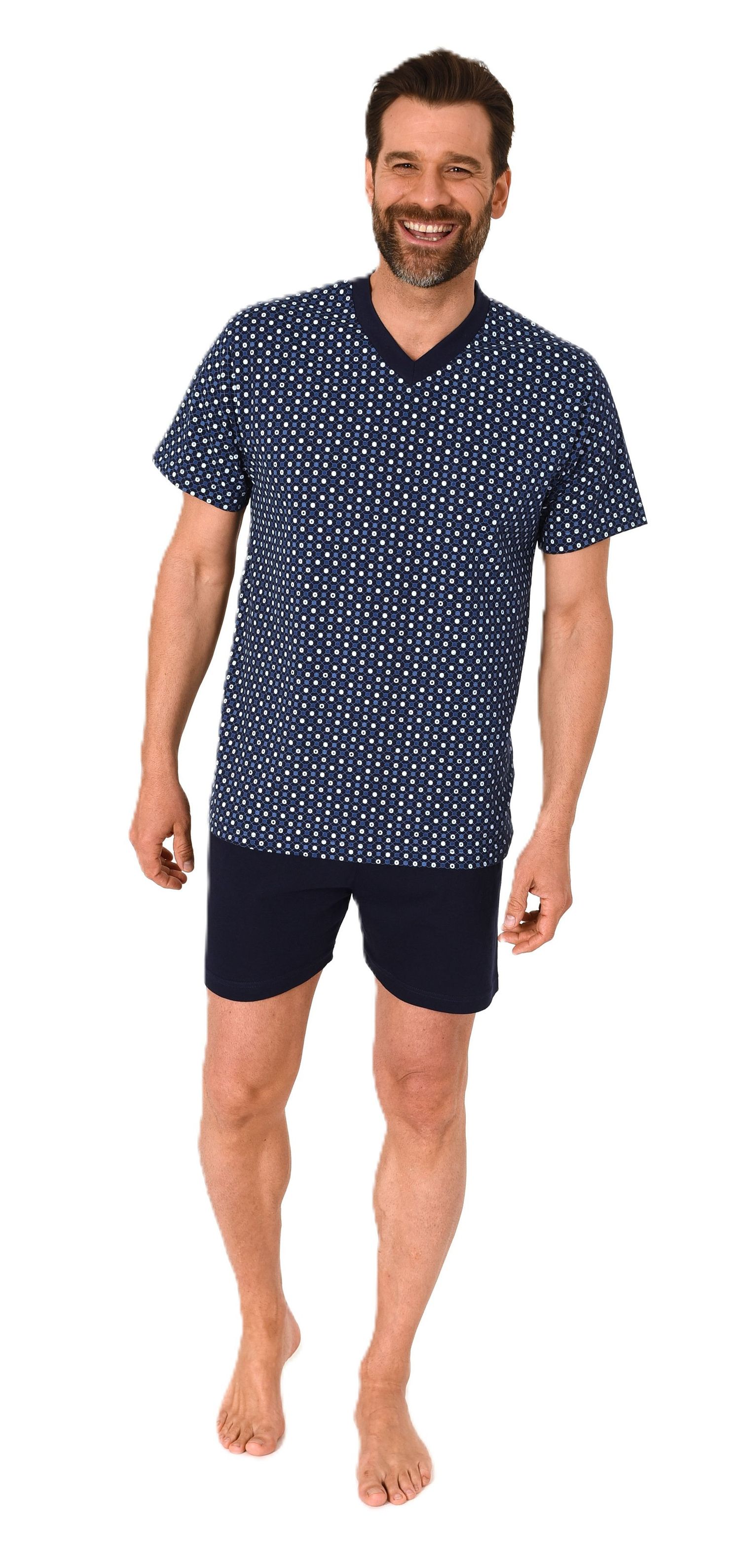 Herren kurzarm Schlafanzug Shorty Pyjama mit V-Hals in eleganter Minimal-Print-Optik Herren kurzarm Schlafanzug Shorty Pyjama mit V-Hals in eleganter Minimal-Print-Optik
