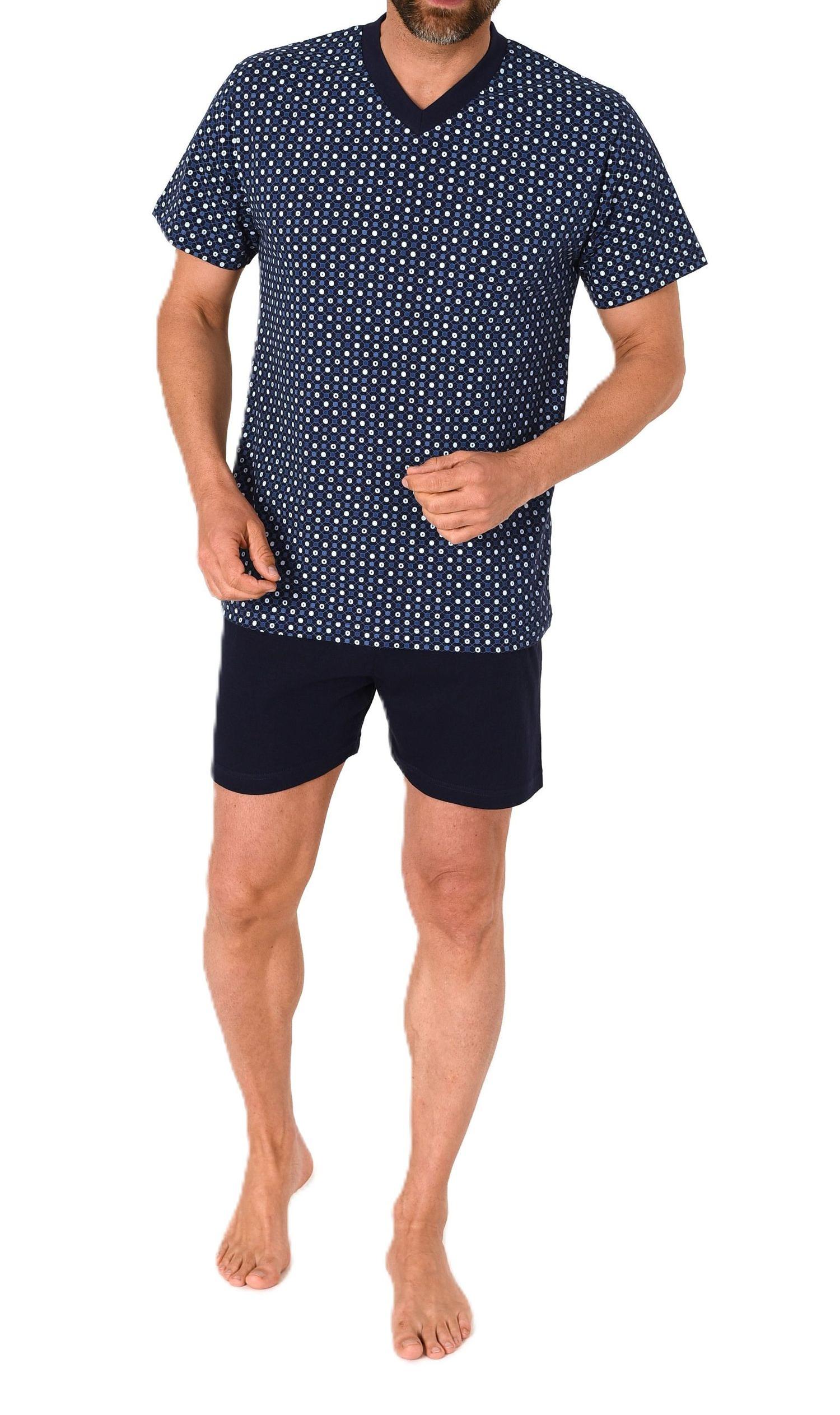 Herren kurzarm Schlafanzug Shorty Pyjama mit V-Hals in eleganter Minimal-Print-Optik