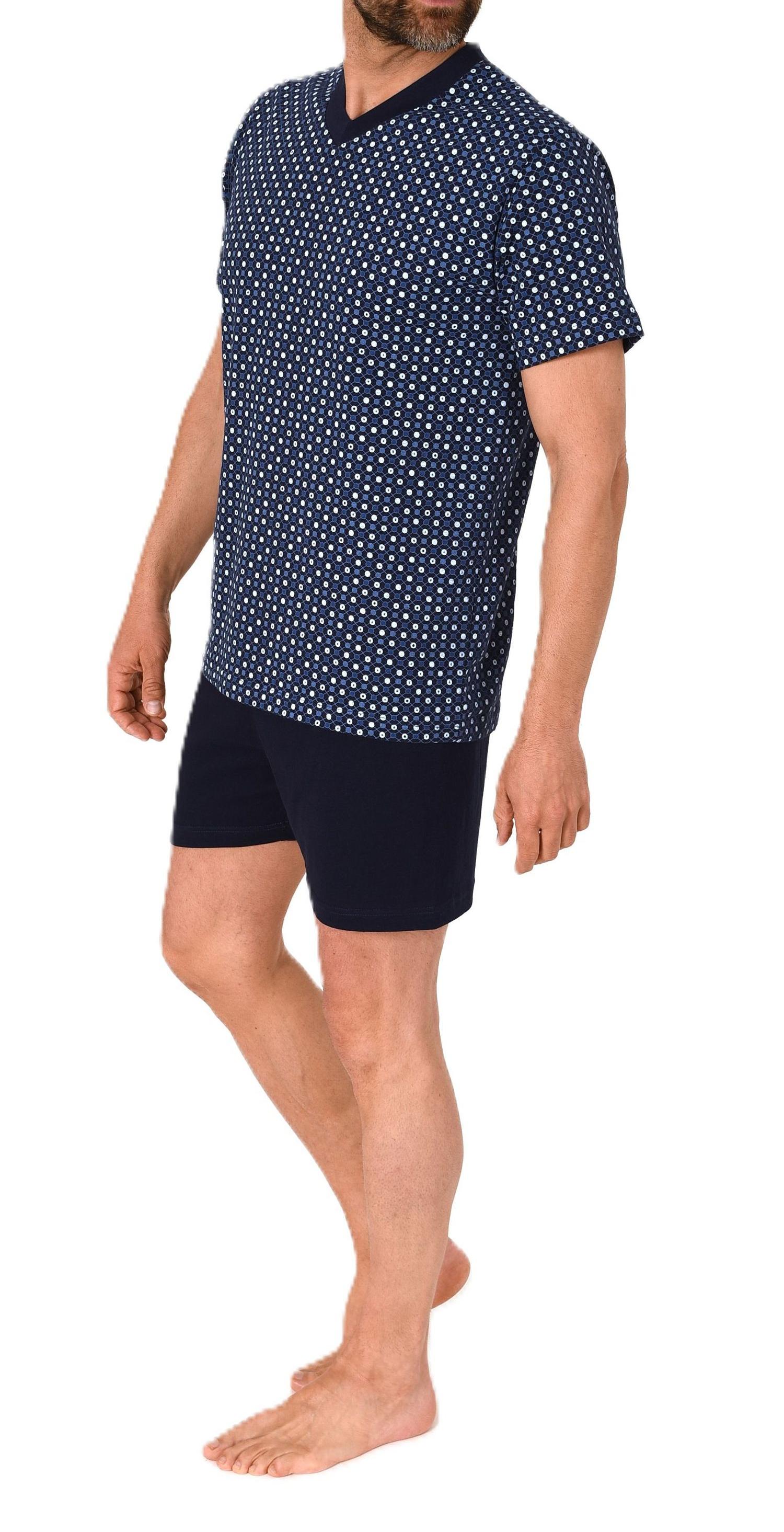 Herren kurzarm Schlafanzug Shorty Pyjama mit V-Hals in eleganter Minimal-Print-Optik