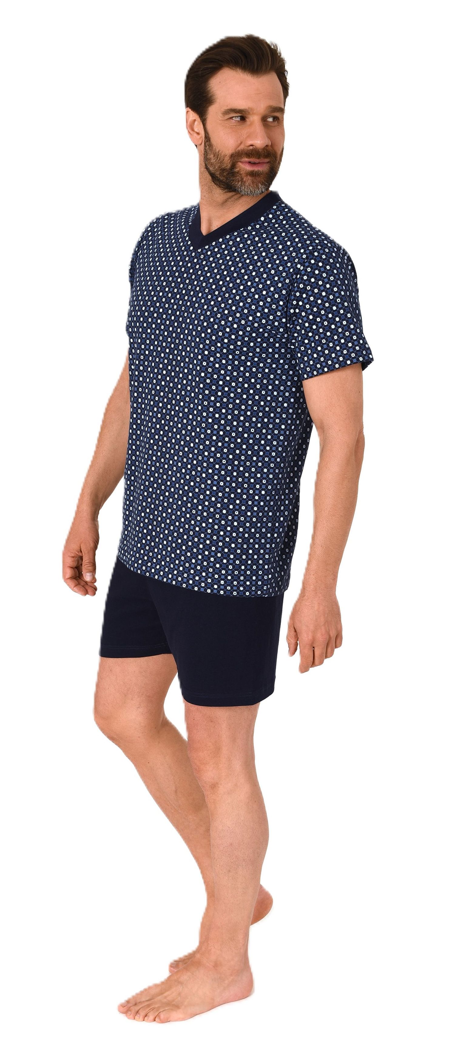 Herren kurzarm Schlafanzug Shorty Pyjama mit V-Hals in eleganter Minimal-Print-Optik Herren kurzarm Schlafanzug Shorty Pyjama mit V-Hals in eleganter Minimal-Print-Optik