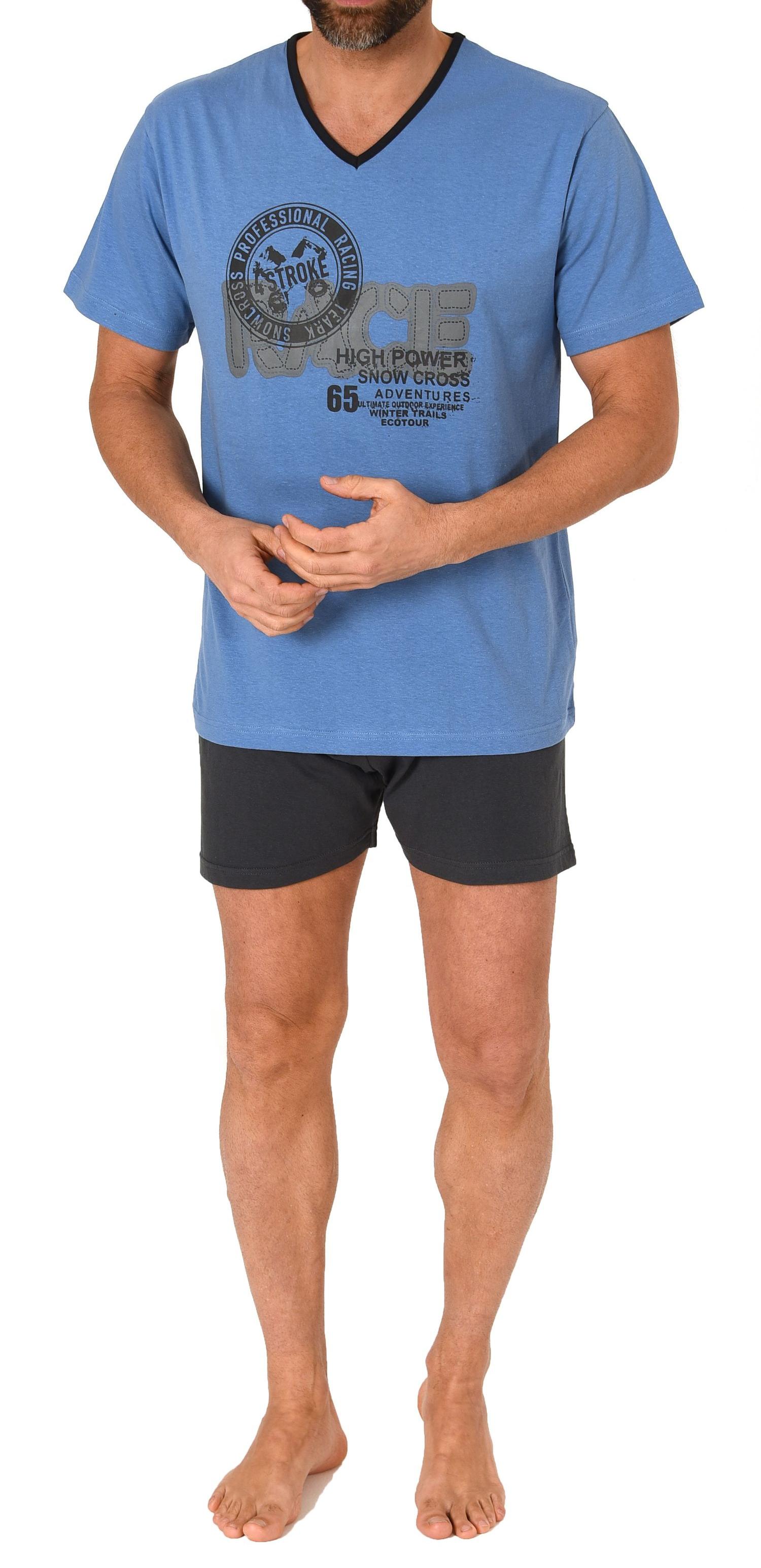 Eleganter Herren kurzarm Schlafanzug Shorty Pyjama mit V-Hals-Ausschnitt