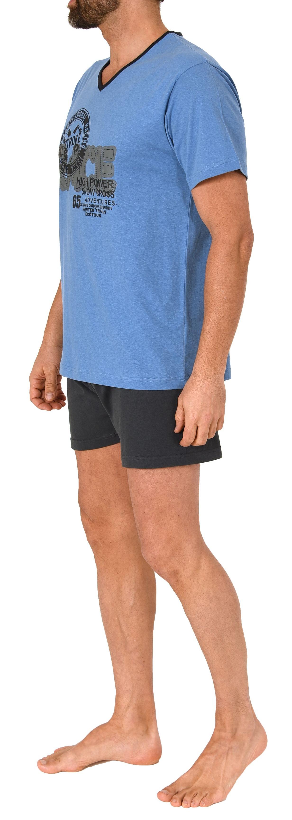 Eleganter Herren kurzarm Schlafanzug Shorty Pyjama mit V-Hals-Ausschnitt