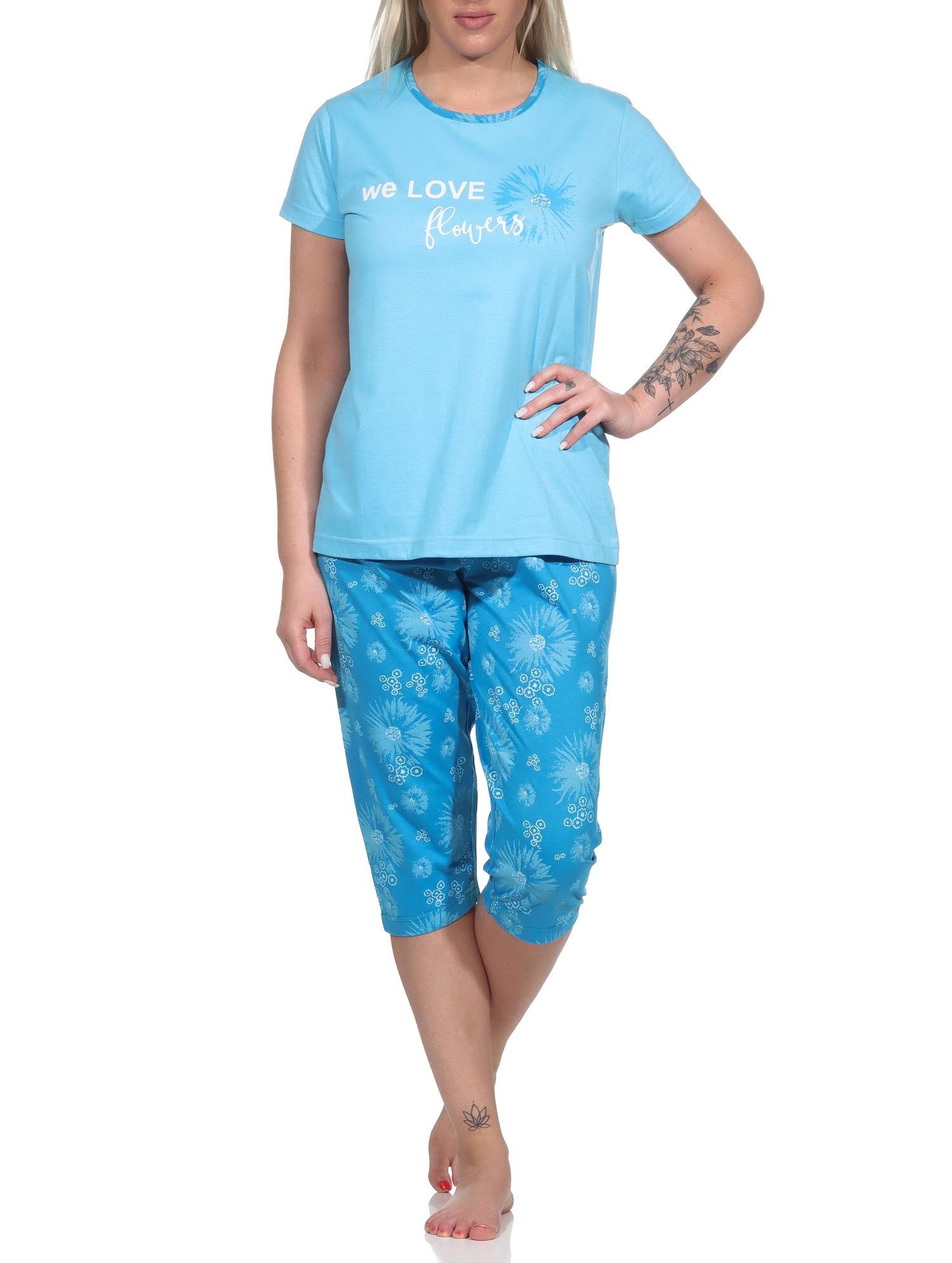 Damen kurzarm Schlafanzug Pyjama mit Caprihose in geblümter Optik Damen kurzarm Schlafanzug Pyjama mit Caprihose in geblümter Optik