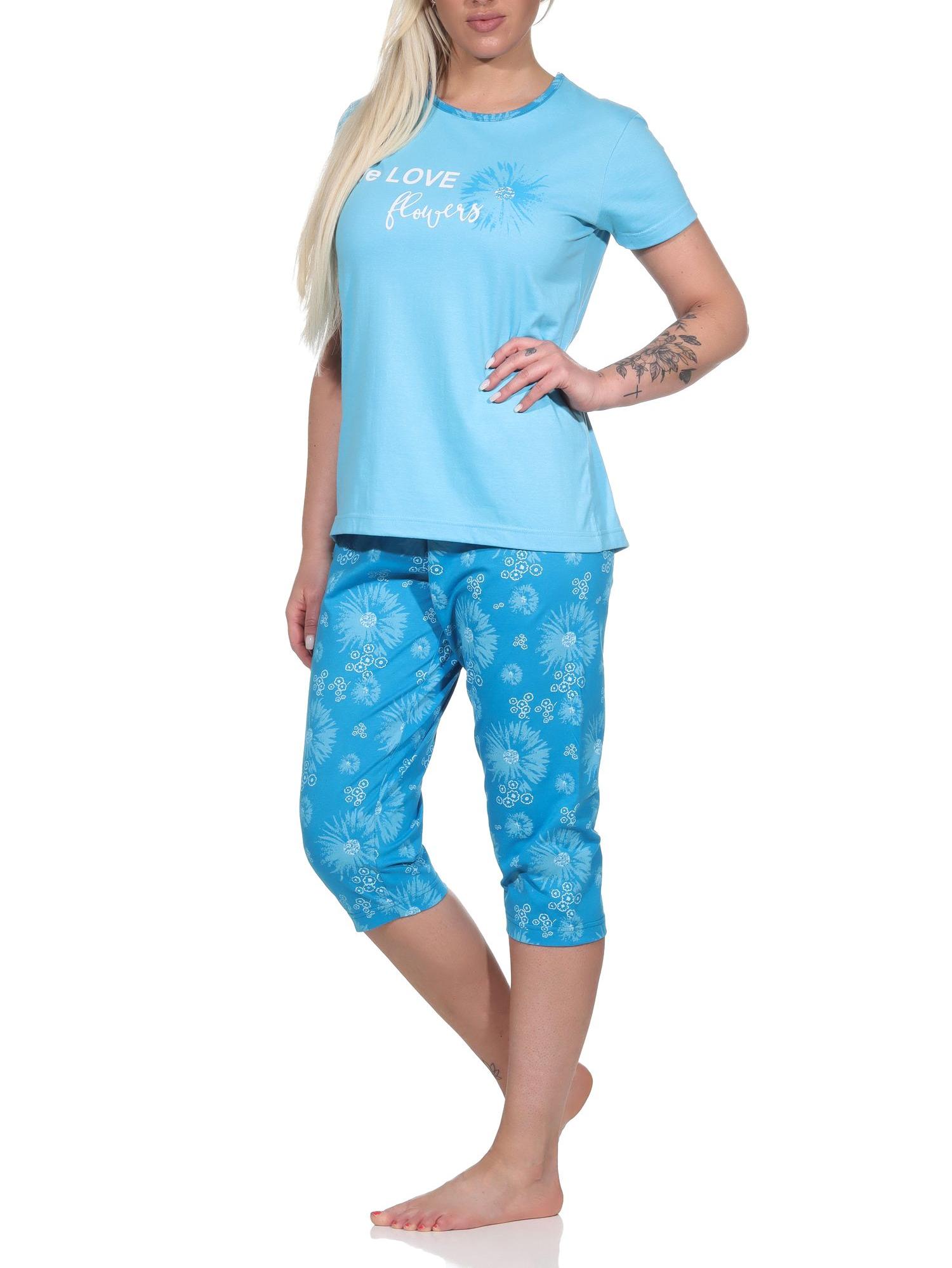 Damen kurzarm Schlafanzug Pyjama mit Caprihose in geblümter Optik