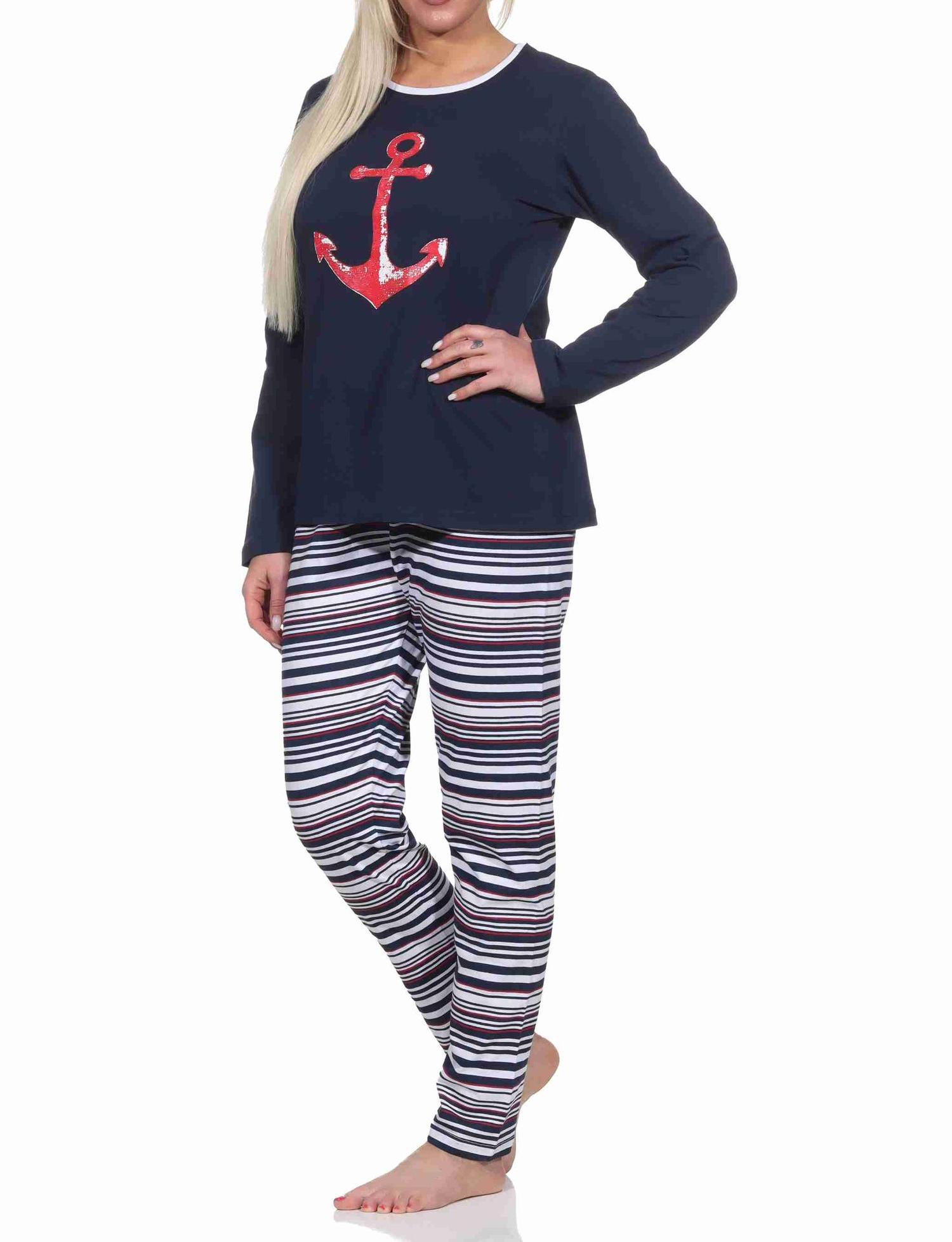 Damen langarm Schlafanzug Pyjama in maritimer Optik, Oberteil mit Anker Motiv