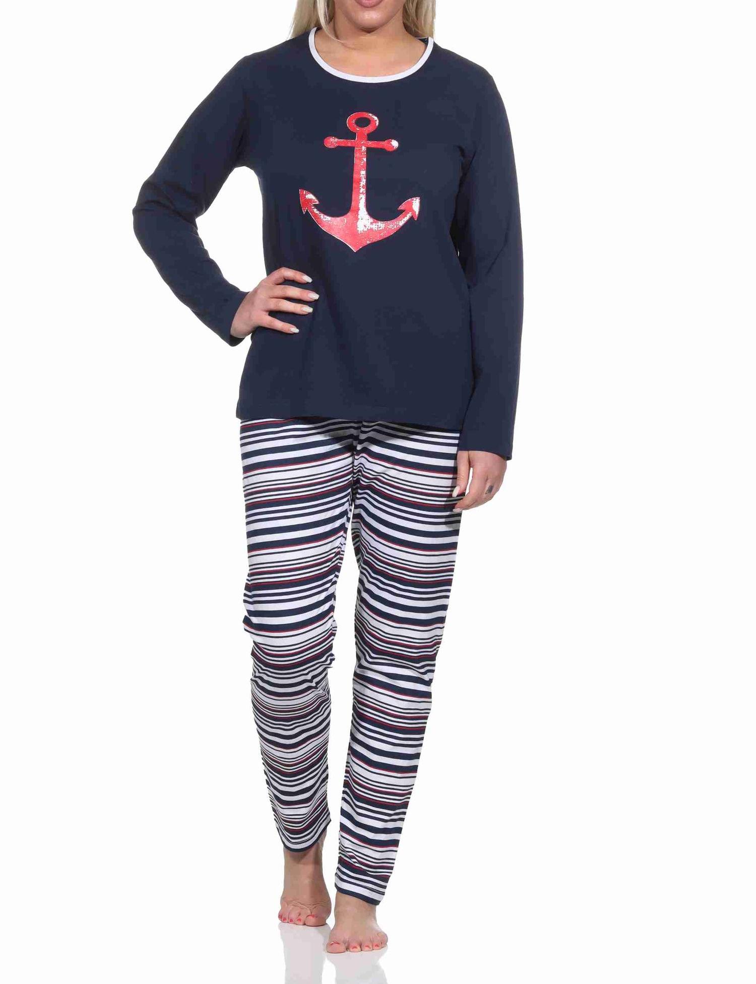 Damen langarm Schlafanzug Pyjama in maritimer Optik, Oberteil mit Anker Motiv