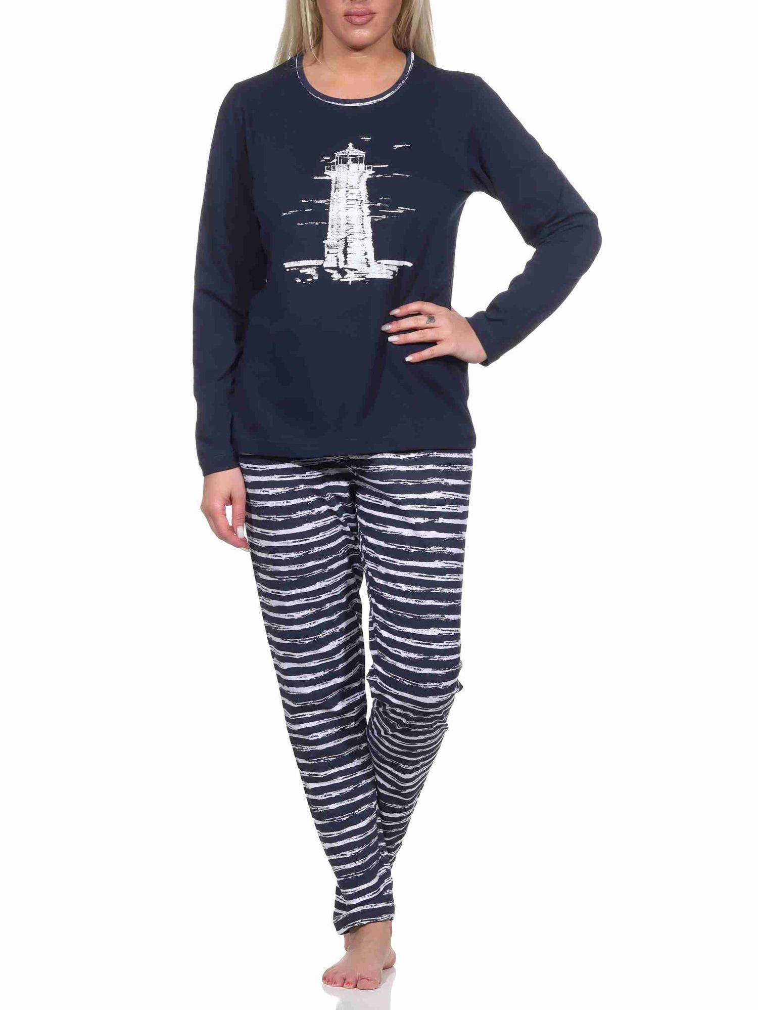 Maritim gestreifter Damen langarm Schlafanzug Pyjama mit Leuchtturm Motiv Maritim gestreifter Damen langarm Schlafanzug Pyjama mit Leuchtturm Motiv