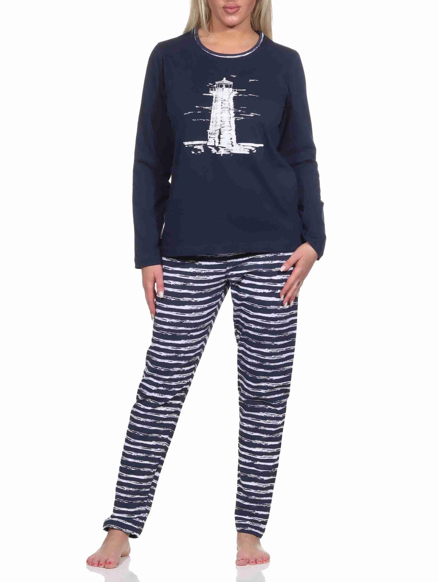 Maritim gestreifter Damen langarm Schlafanzug Pyjama mit Leuchtturm Motiv Maritim gestreifter Damen langarm Schlafanzug Pyjama mit Leuchtturm Motiv