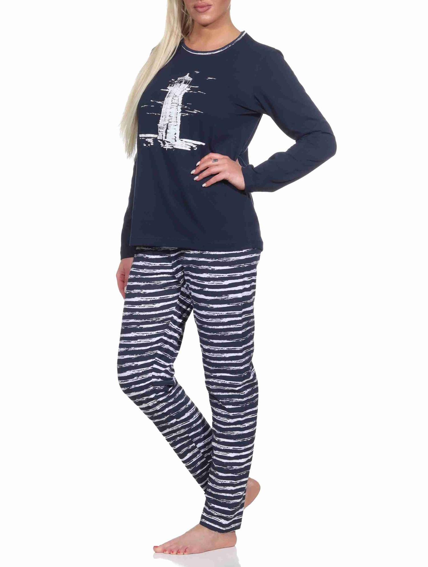 Maritim gestreifter Damen langarm Schlafanzug Pyjama mit Leuchtturm Motiv Maritim gestreifter Damen langarm Schlafanzug Pyjama mit Leuchtturm Motiv
