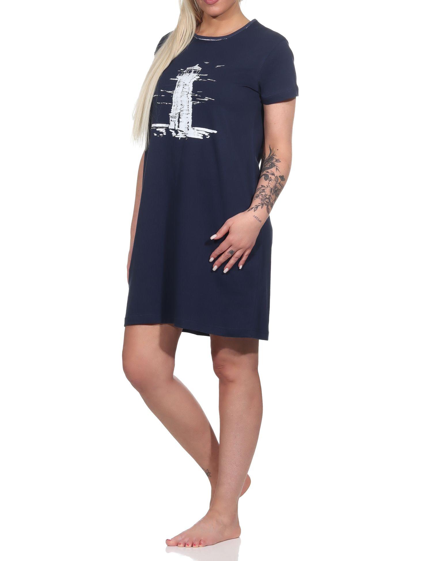 Maritimes Damen kurzarm Nachthemd mit Leuchtturm Motiv