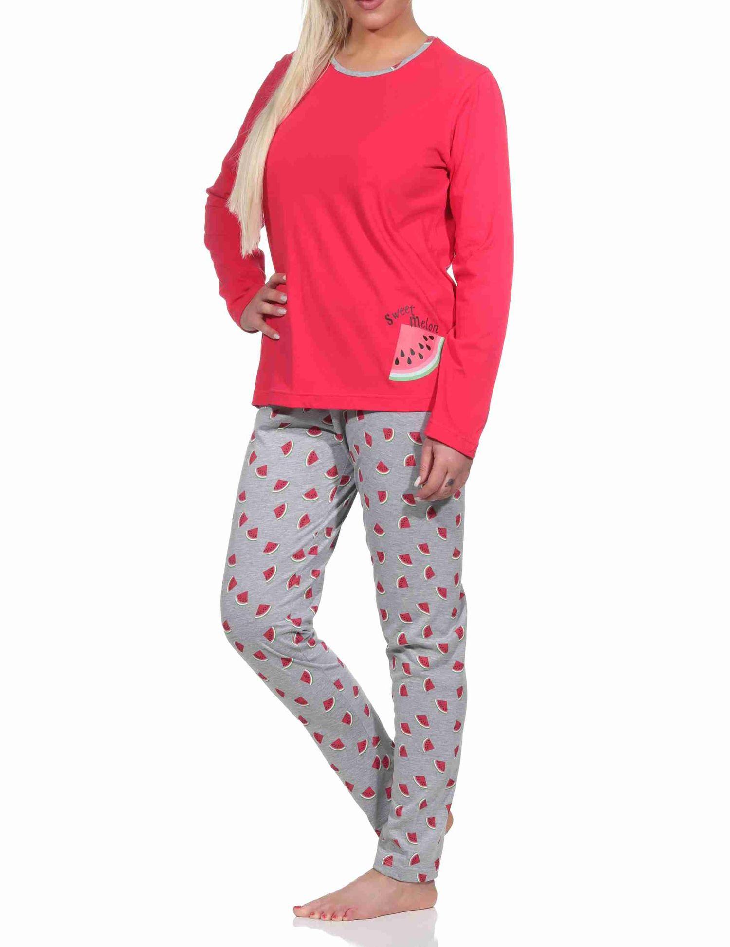 Damen Schlafanzug lang mit Melone als Motiv, Pyjamahose allover bedruckt