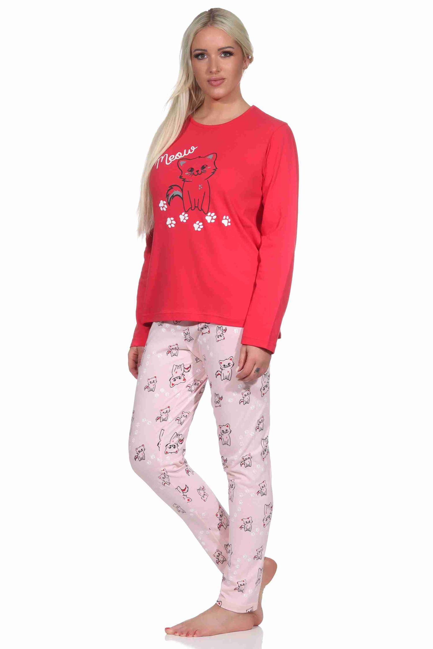 Süsser Damen Schlafanzug lang Pyjama mit Katzen - Motiv