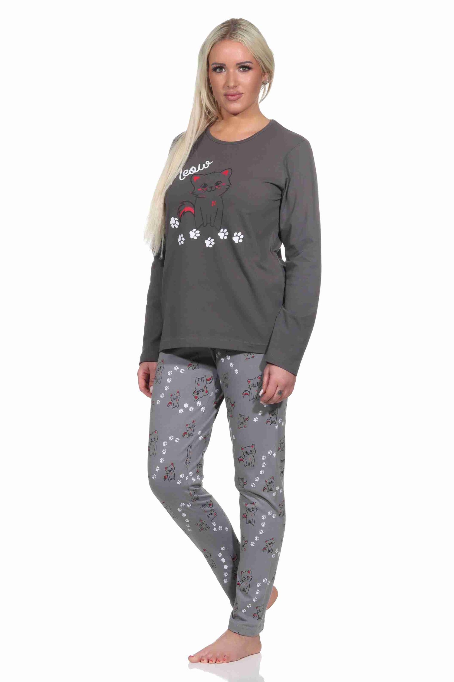 Süsser Damen Schlafanzug lang Pyjama mit Katzen - Motiv