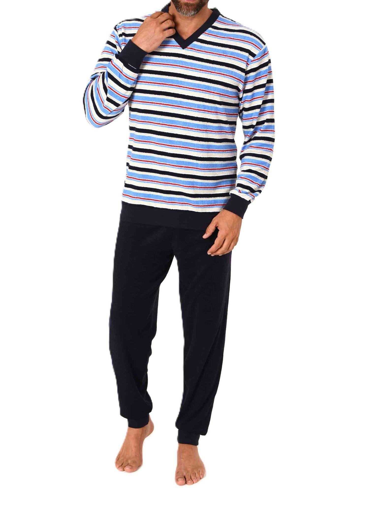 Herren Frottee Schlafanzug langarm mit Bündchen in gestreifter Optik - auch in Übergrößen