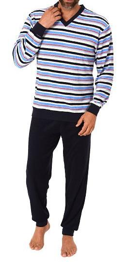 Herren Frottee Schlafanzug langarm mit Bündchen in gestreifter Optik - auch in Übergrößen