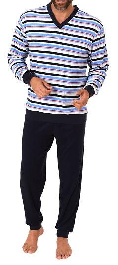 Herren Frottee Schlafanzug langarm mit Bündchen in gestreifter Optik - auch in Übergrößen