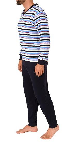 Herren Frottee Schlafanzug langarm mit Bündchen in gestreifter Optik - auch in Übergrößen