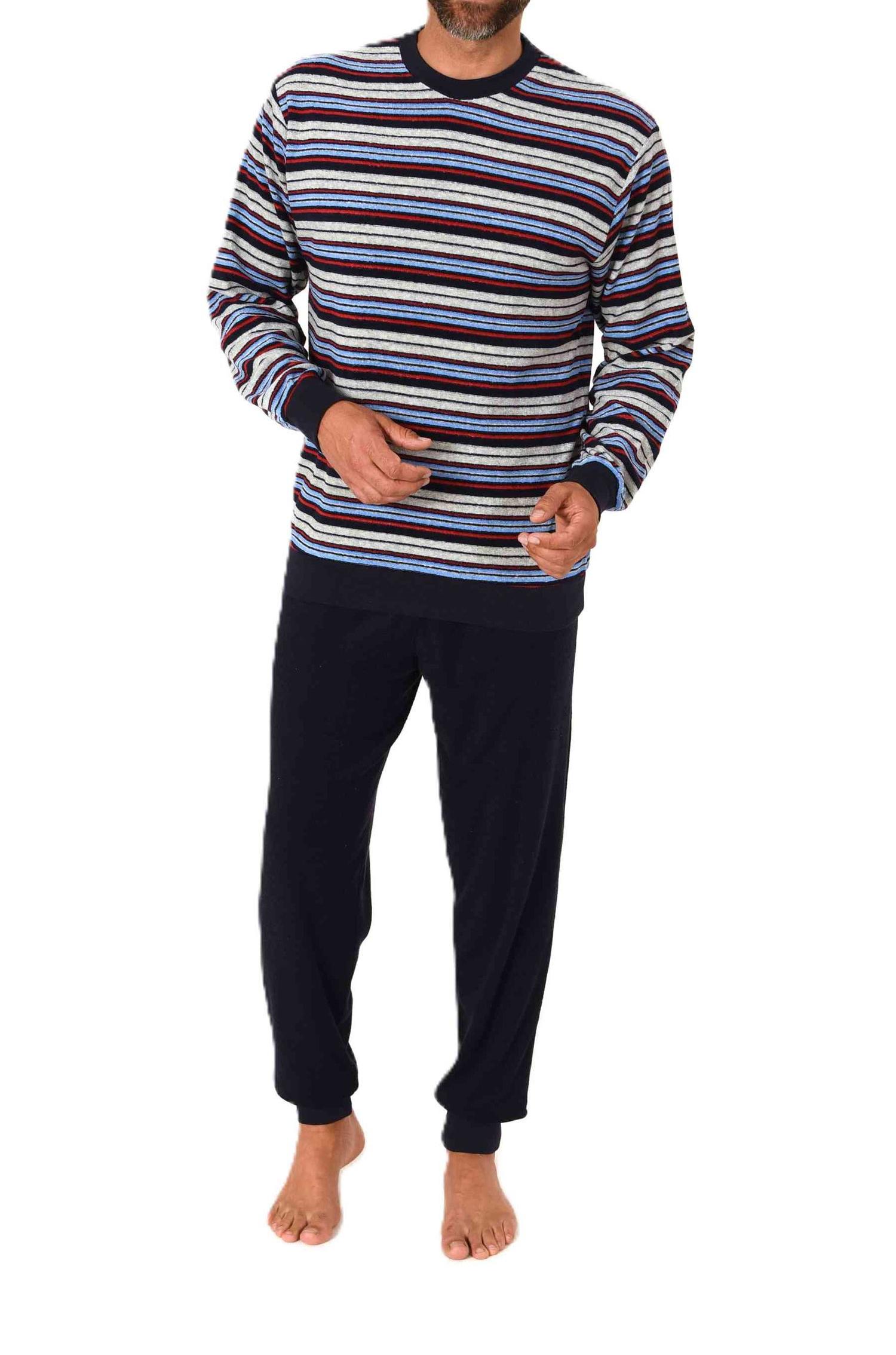 Herren langarm Frottee Schlafanzug mit Bündchen in gestreifter Optik - auch in Übergrößen