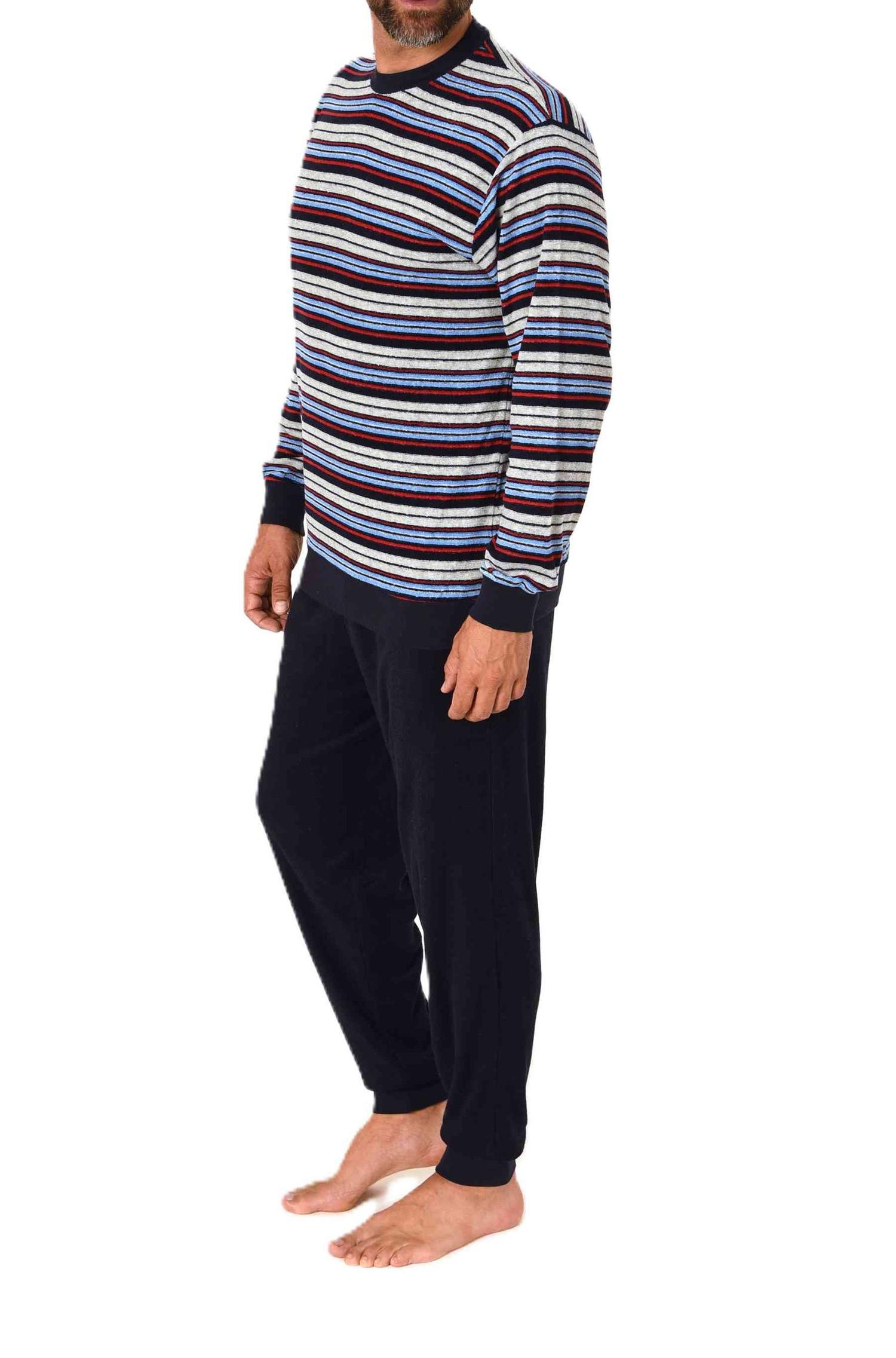 Herren langarm Frottee Schlafanzug mit Bündchen in gestreifter Optik - auch in Übergrößen