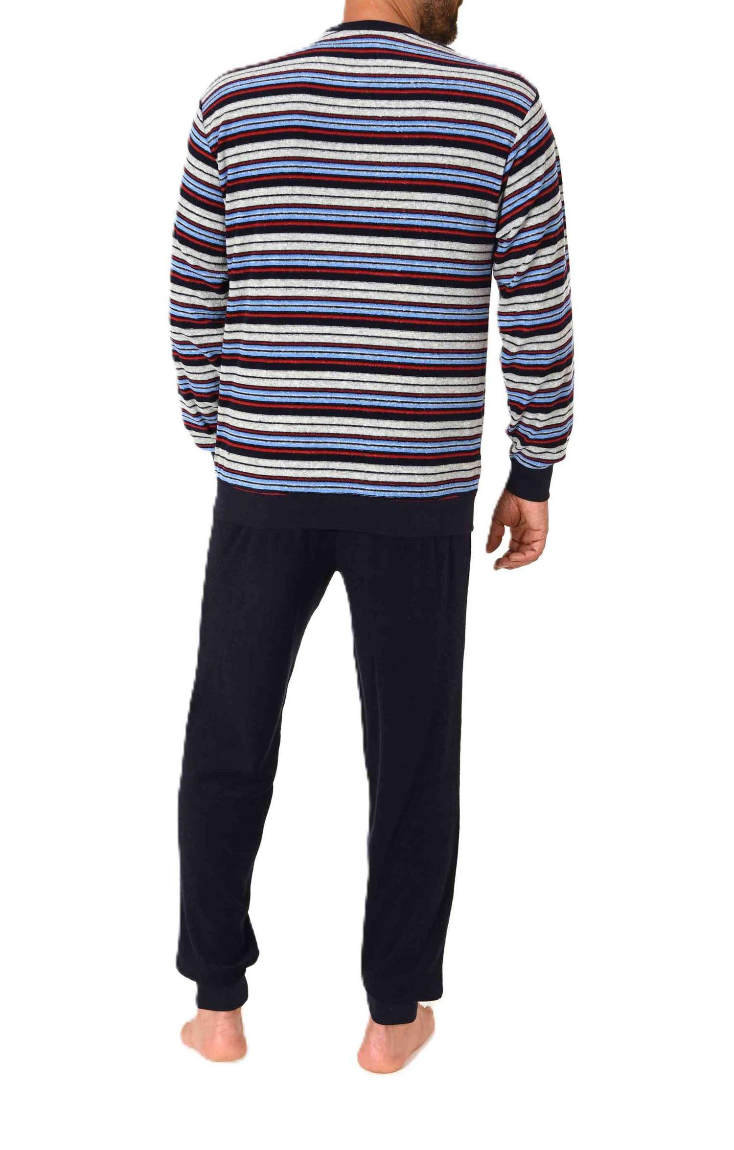 Herren langarm Frottee Schlafanzug mit Bündchen in gestreifter Optik - auch in Übergrößen