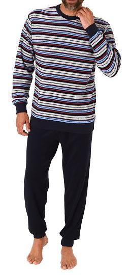 Herren langarm Frottee Schlafanzug mit Bündchen in gestreifter Optik - auch in Übergrößen