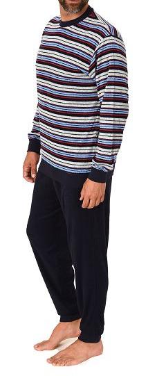 Herren langarm Frottee Schlafanzug mit Bündchen in gestreifter Optik - auch in Übergrößen