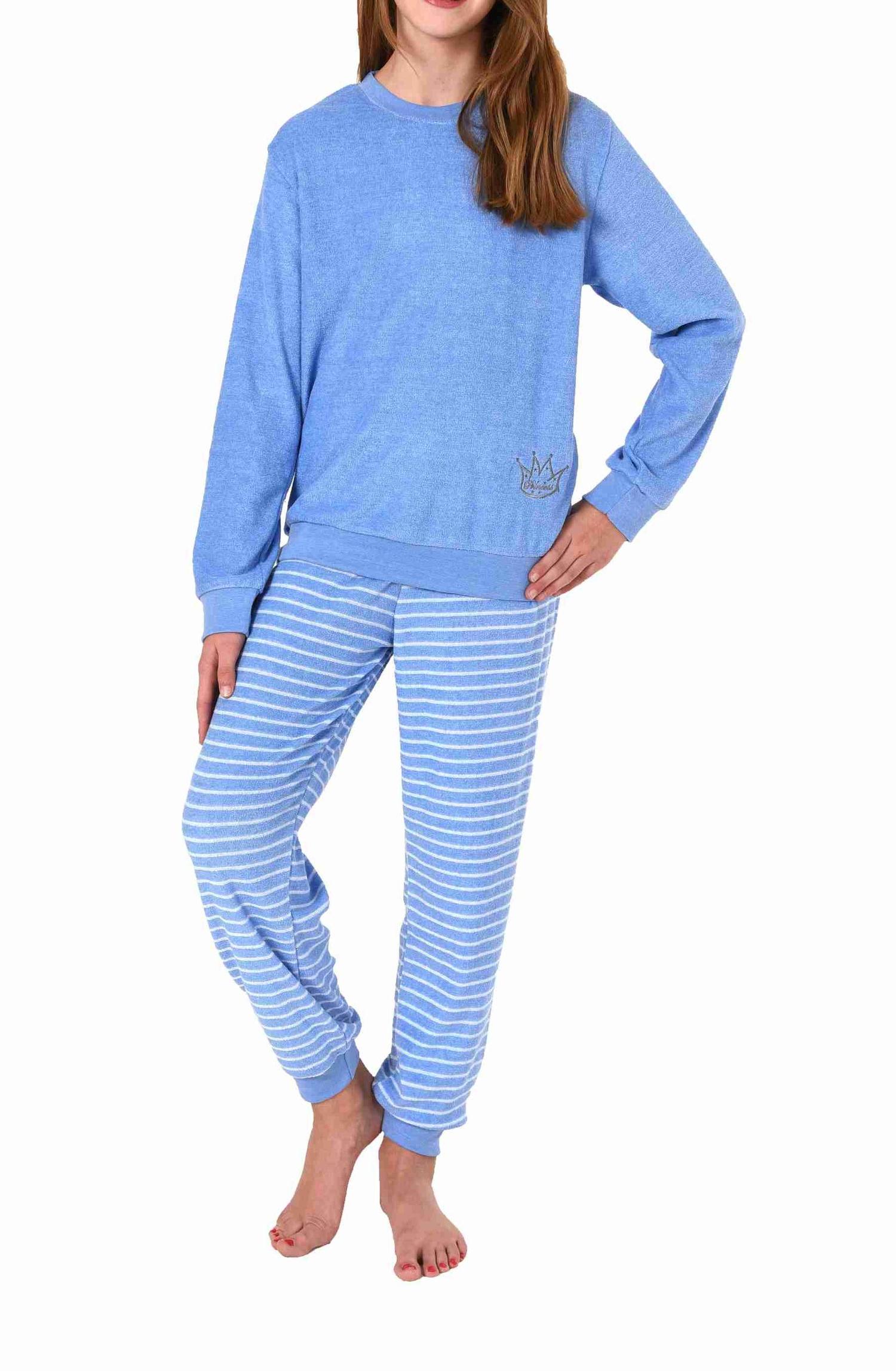Mädchen langarm Frottee Schlafanzug Pyjama mit Bündchen und Pyjamahose in Streifenoptik
