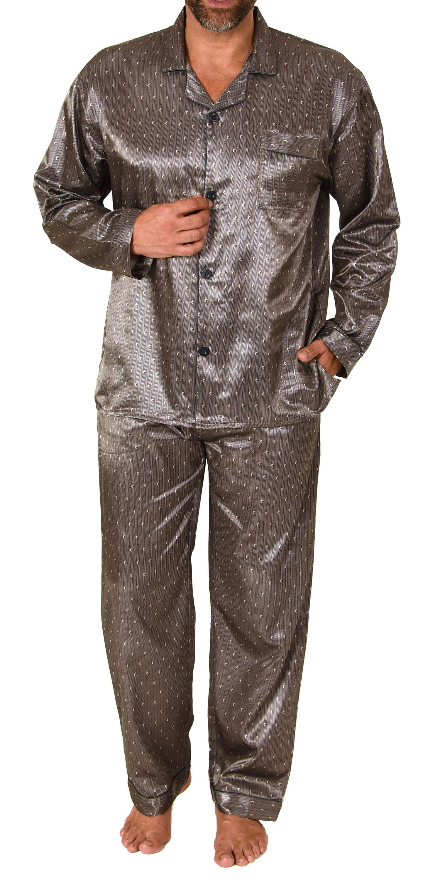 Edler Herren Satin Pyjama, durchknöpfbarer Schlafanzug in Minimal-Optik