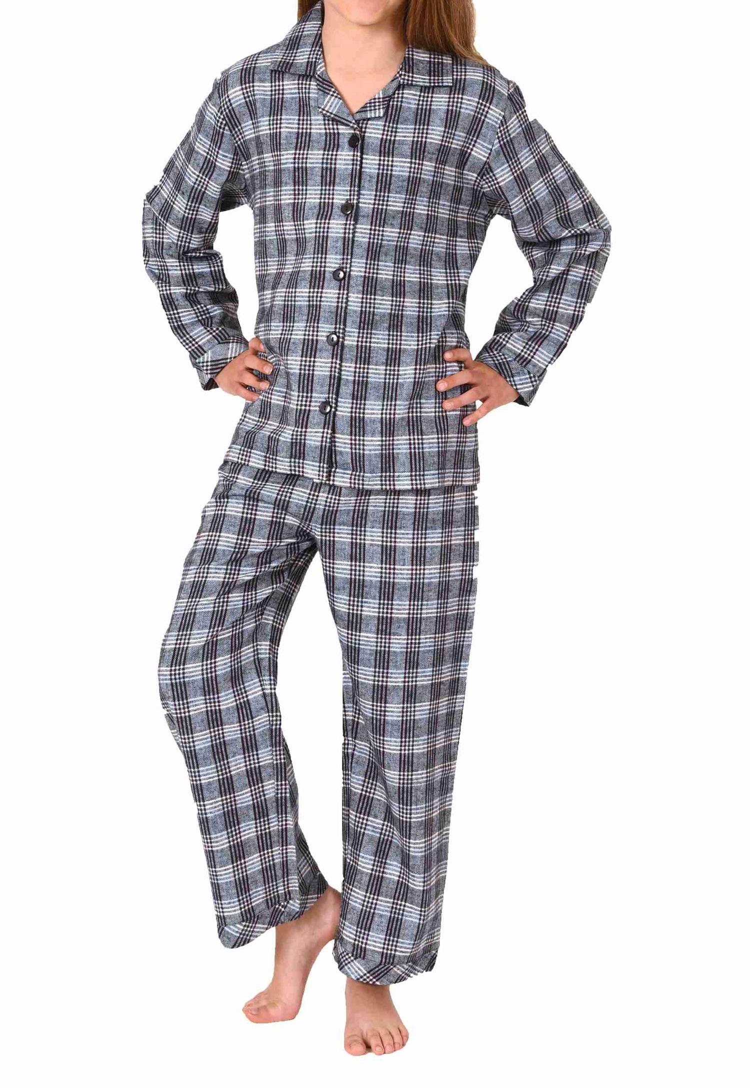 Mädchen langarm Flanell Schlafanzug Pyjama in Karo Optik zum durchknöpfen