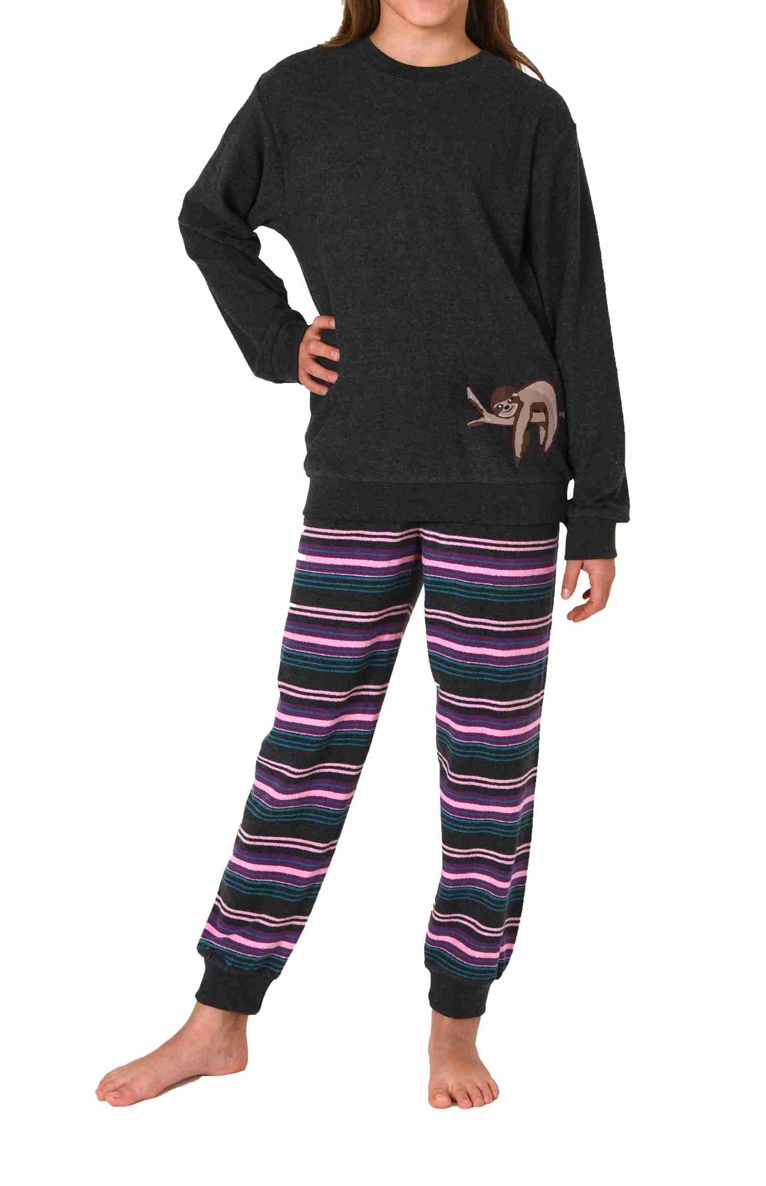 Kuscheliger Mädchen Frottee Schlafanzug langarm mit Bündchen und süssen Faultier Tiermotiv