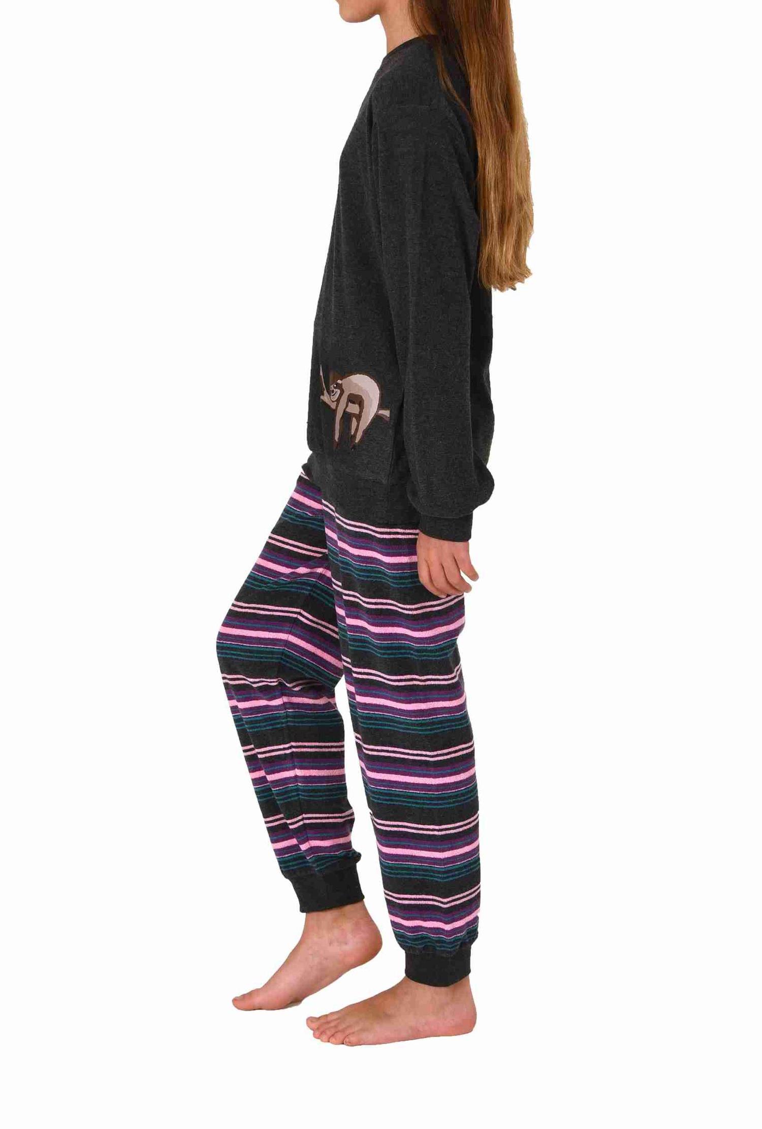 Kuscheliger Mädchen Frottee Schlafanzug langarm mit Bündchen und süssen Faultier Tiermotiv